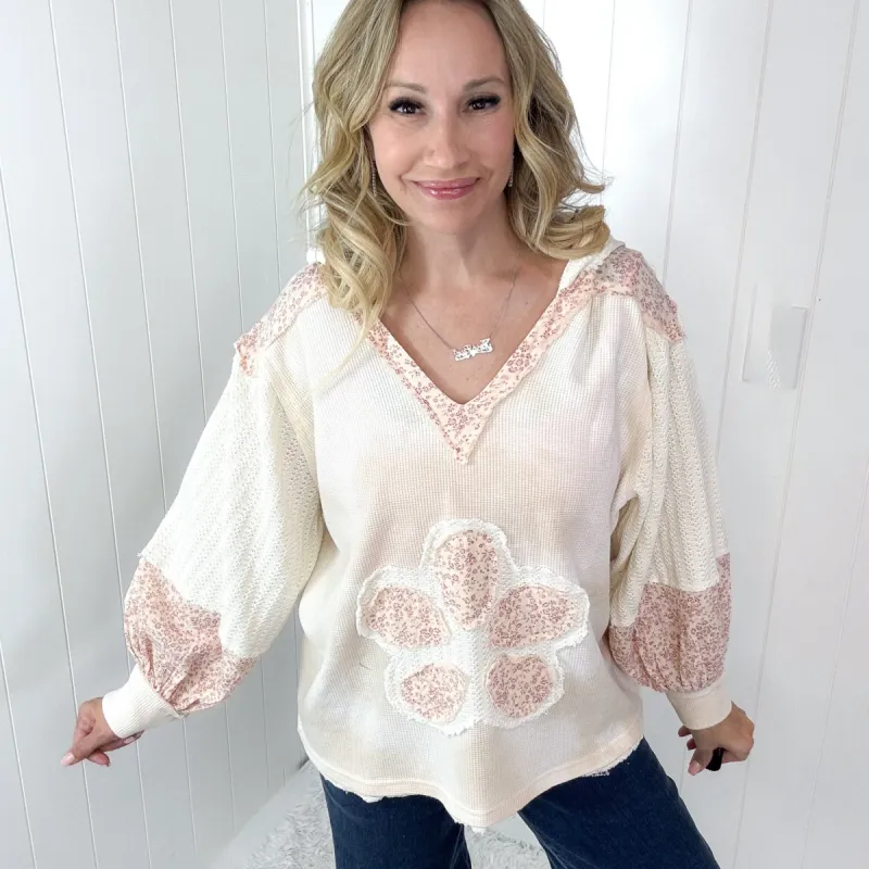 POL Petal Pusher Heart Patch Knit and Ditzy Floral Long Sleeve Pullover Hoodie in 3 Options sold by Boujee Boutique