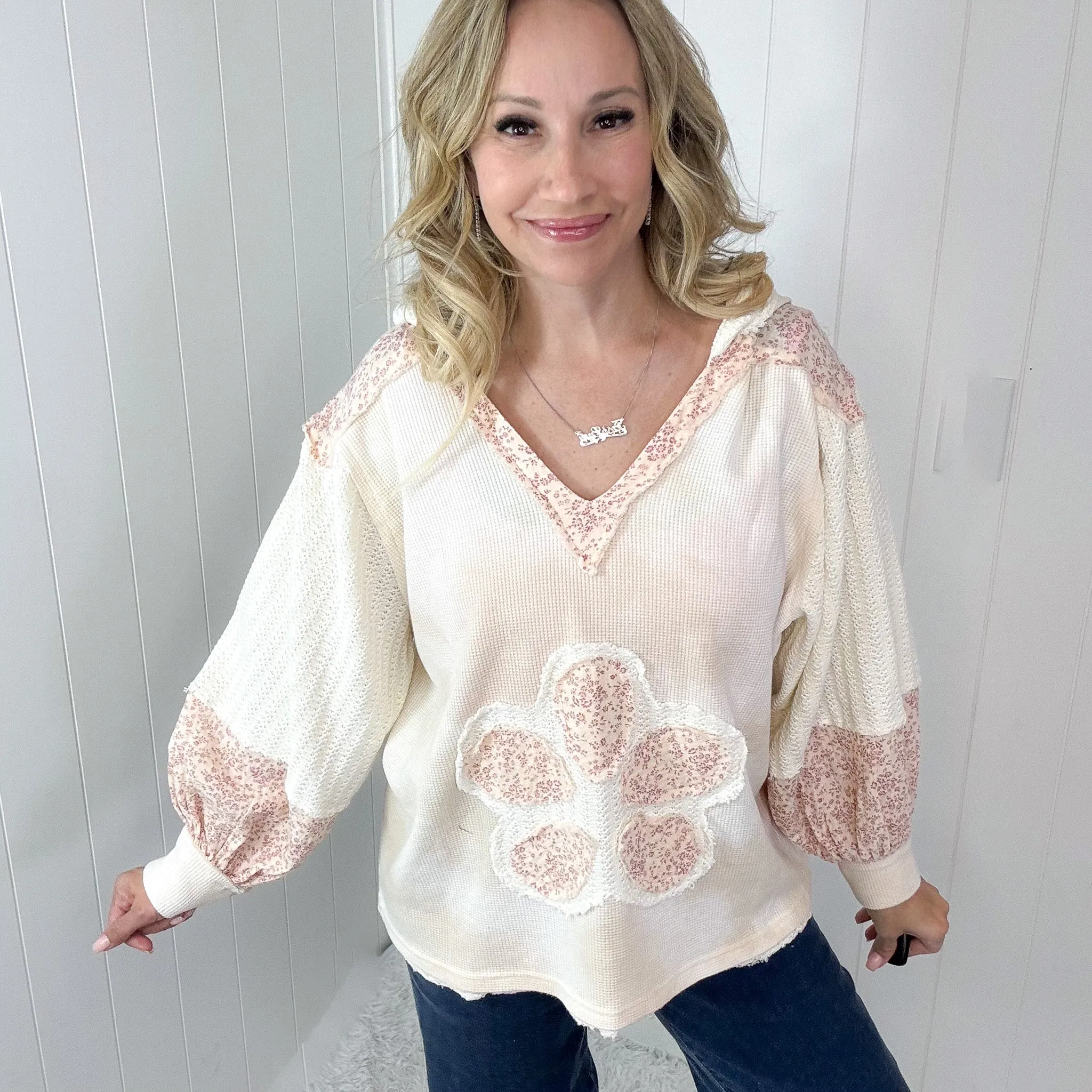 POL Petal Pusher Heart Patch Knit and Ditzy Floral Long Sleeve Pullover Hoodie in 3 Options sold by Boujee Boutique product image thumbnail 4