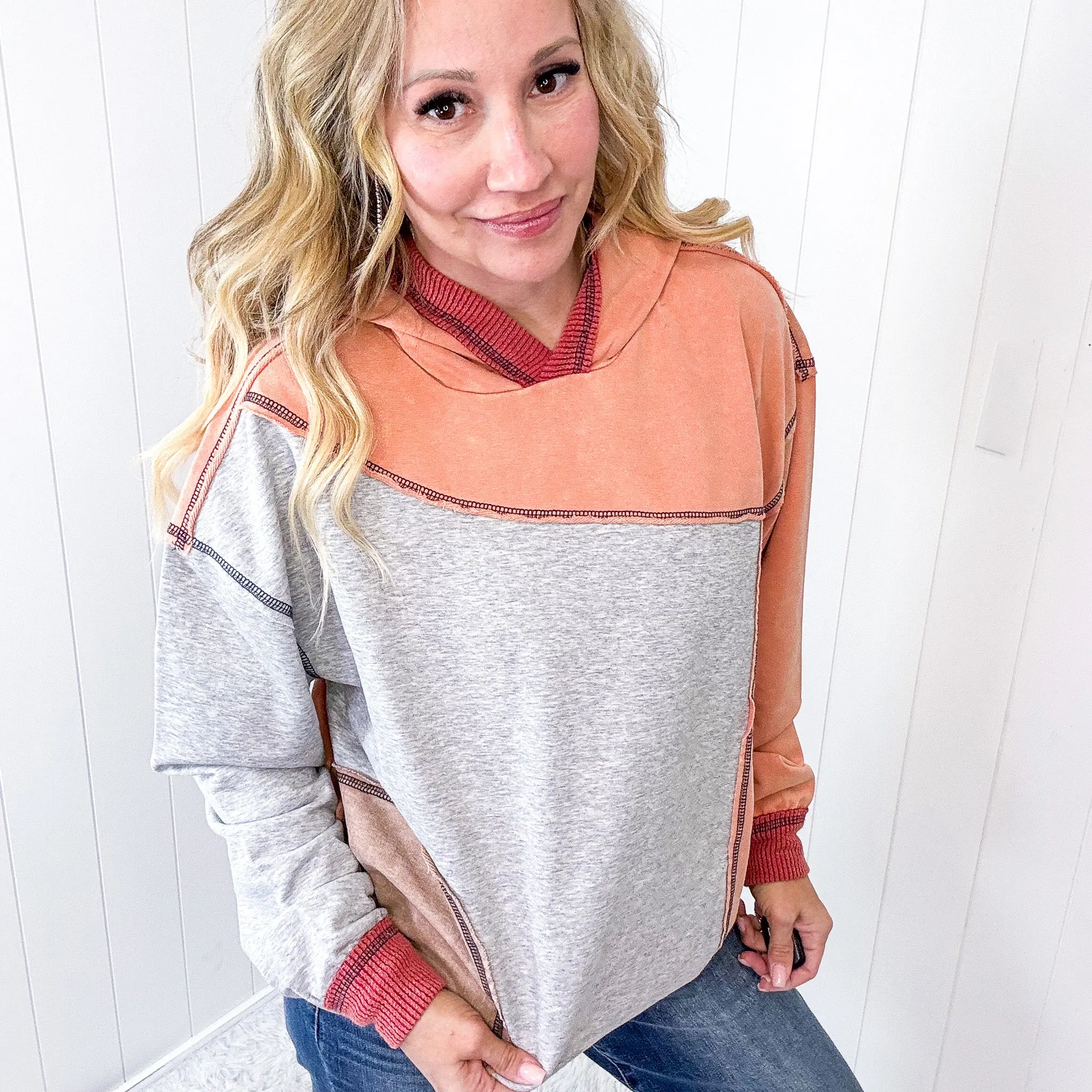 Peace Out Vibes Patchwork Mineral Washed Hoodie Long Sleeve Pullover in 3 Options *Final Sale* sold by Boujee Boutique product image thumbnail 5