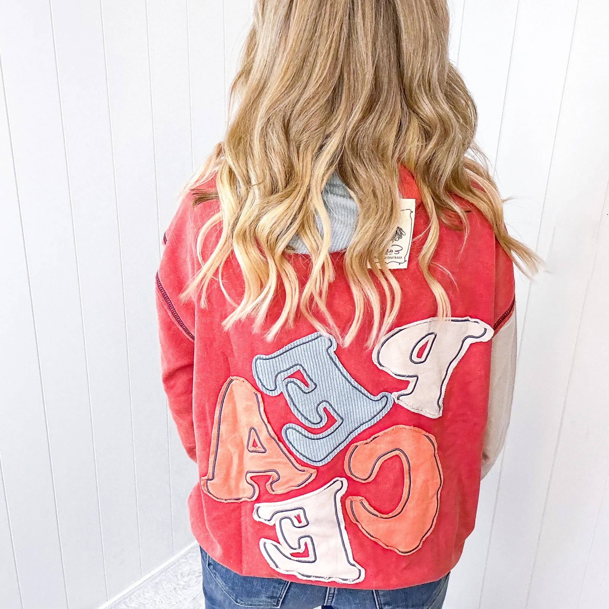 Peace Out Vibes Patchwork Mineral Washed Hoodie Long Sleeve Pullover in 3 Options *Final Sale* sold by Boujee Boutique product image thumbnail 2