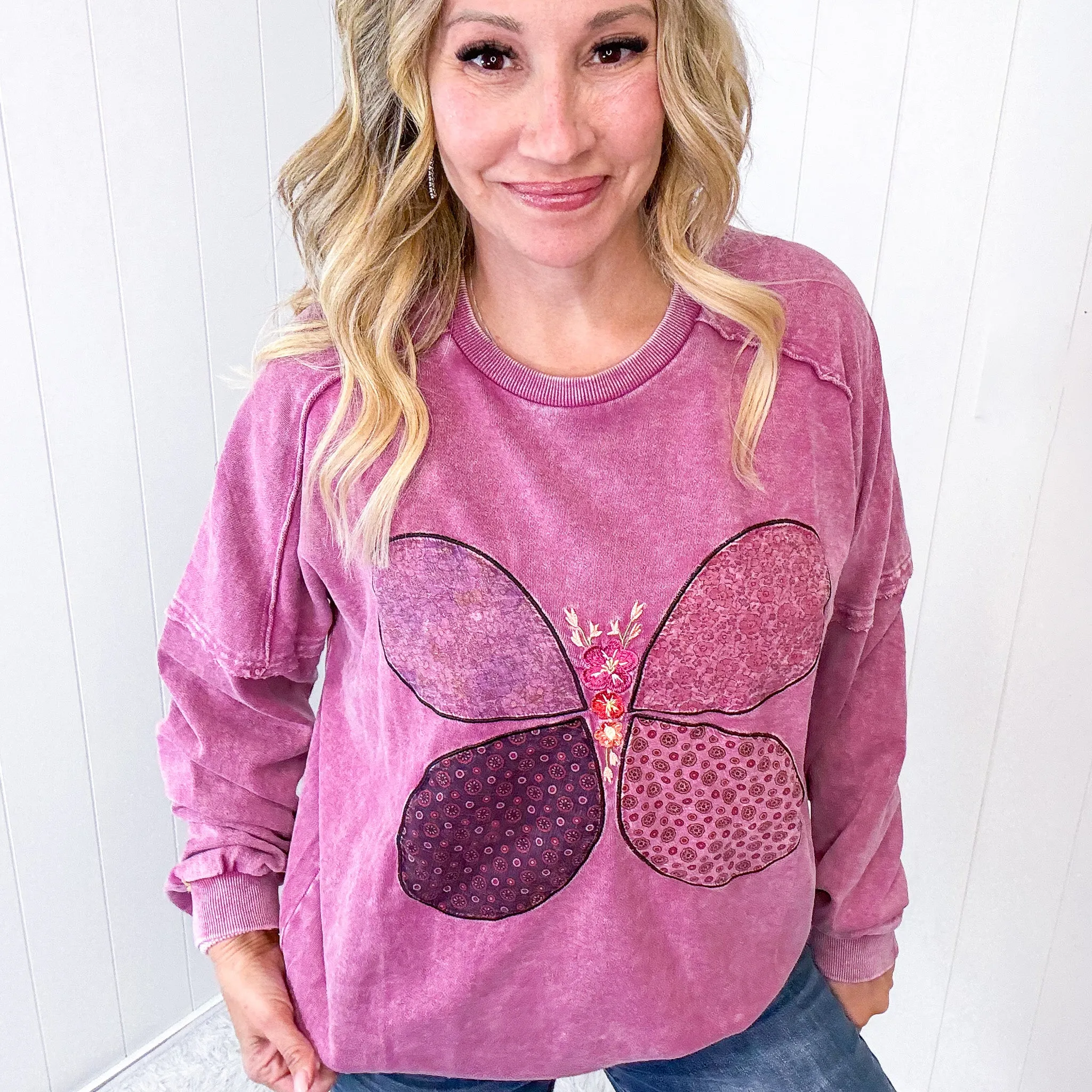 Boho Butterfly Patch and Embroidered Long Sleeve Knit Top In 3 Options sold by Boujee Boutique product image thumbnail 3
