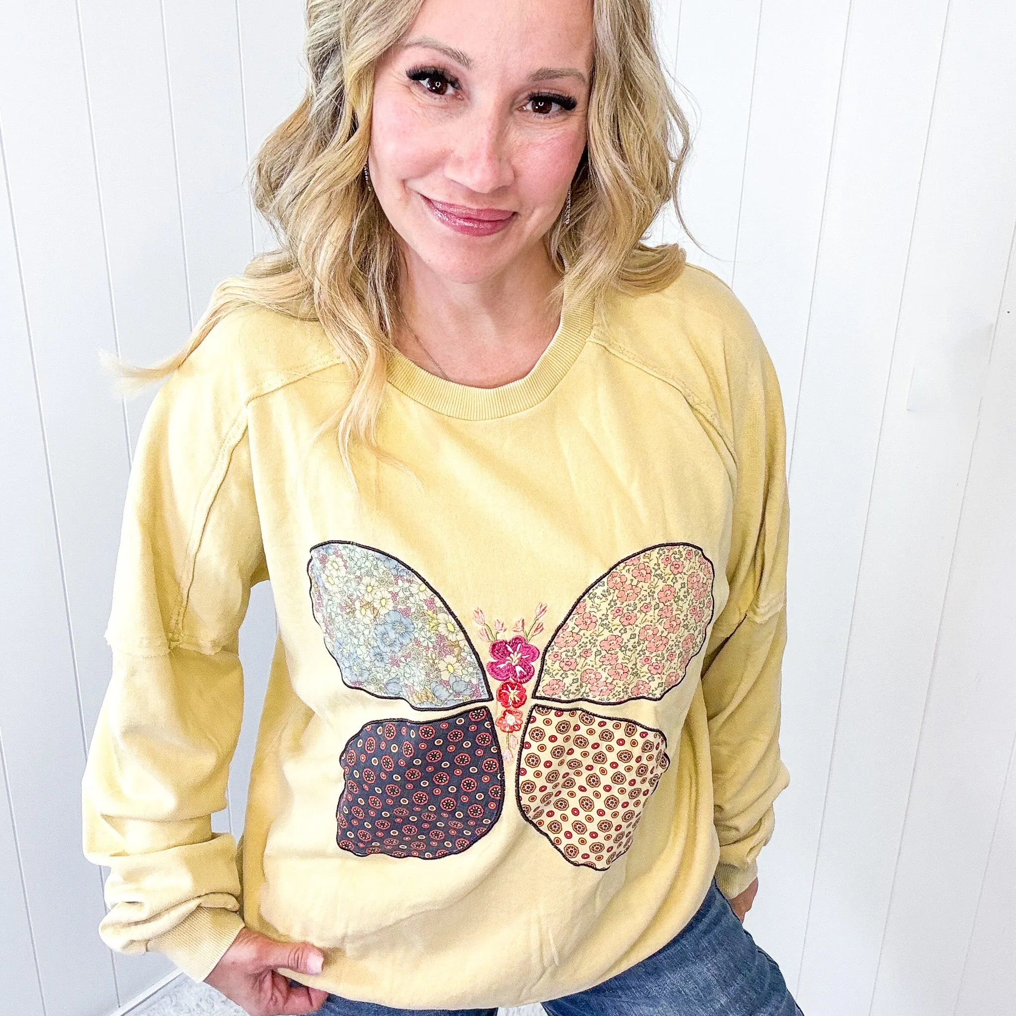 Boho Butterfly Patch and Embroidered Long Sleeve Knit Top In 3 Options sold by Boujee Boutique