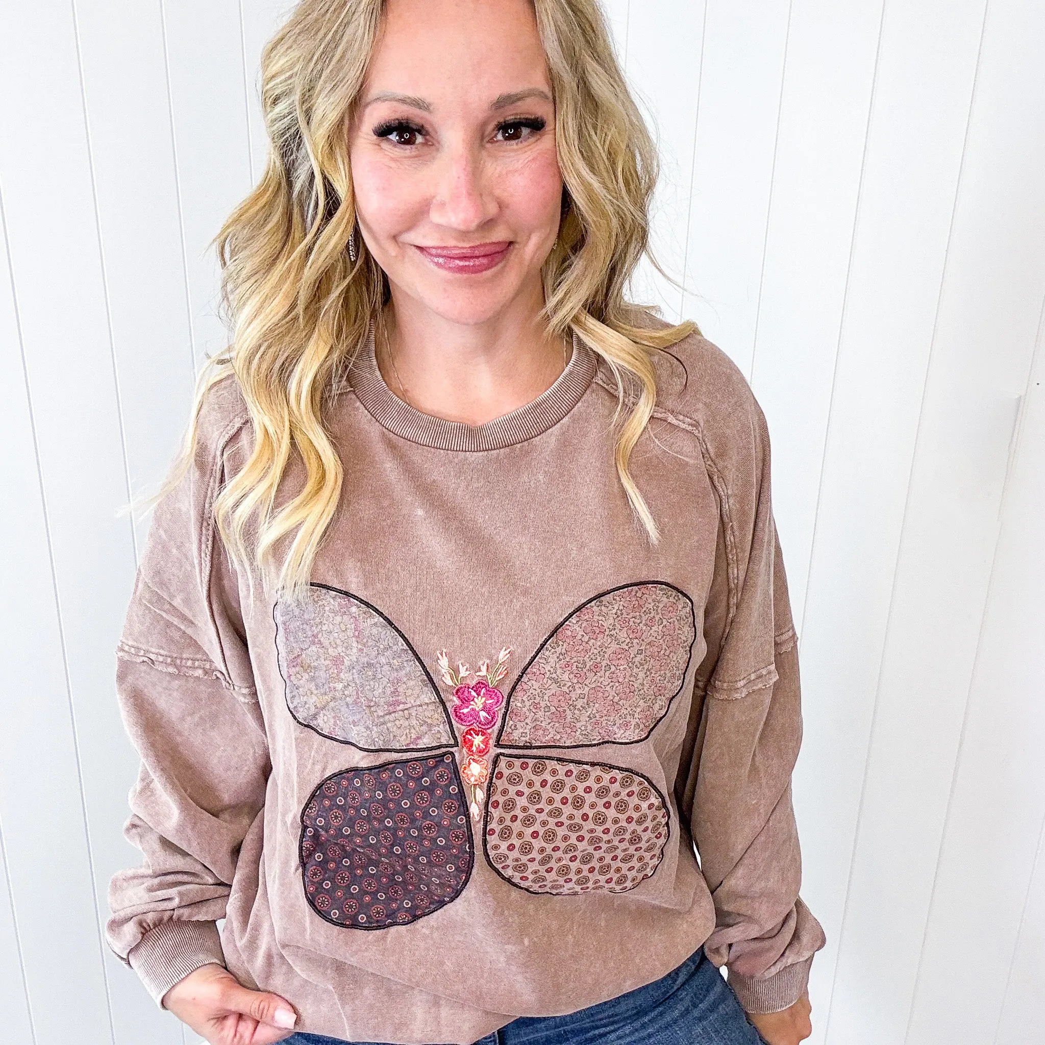 Boho Butterfly Patch and Embroidered Long Sleeve Knit Top In 3 Options sold by Boujee Boutique product image thumbnail 2