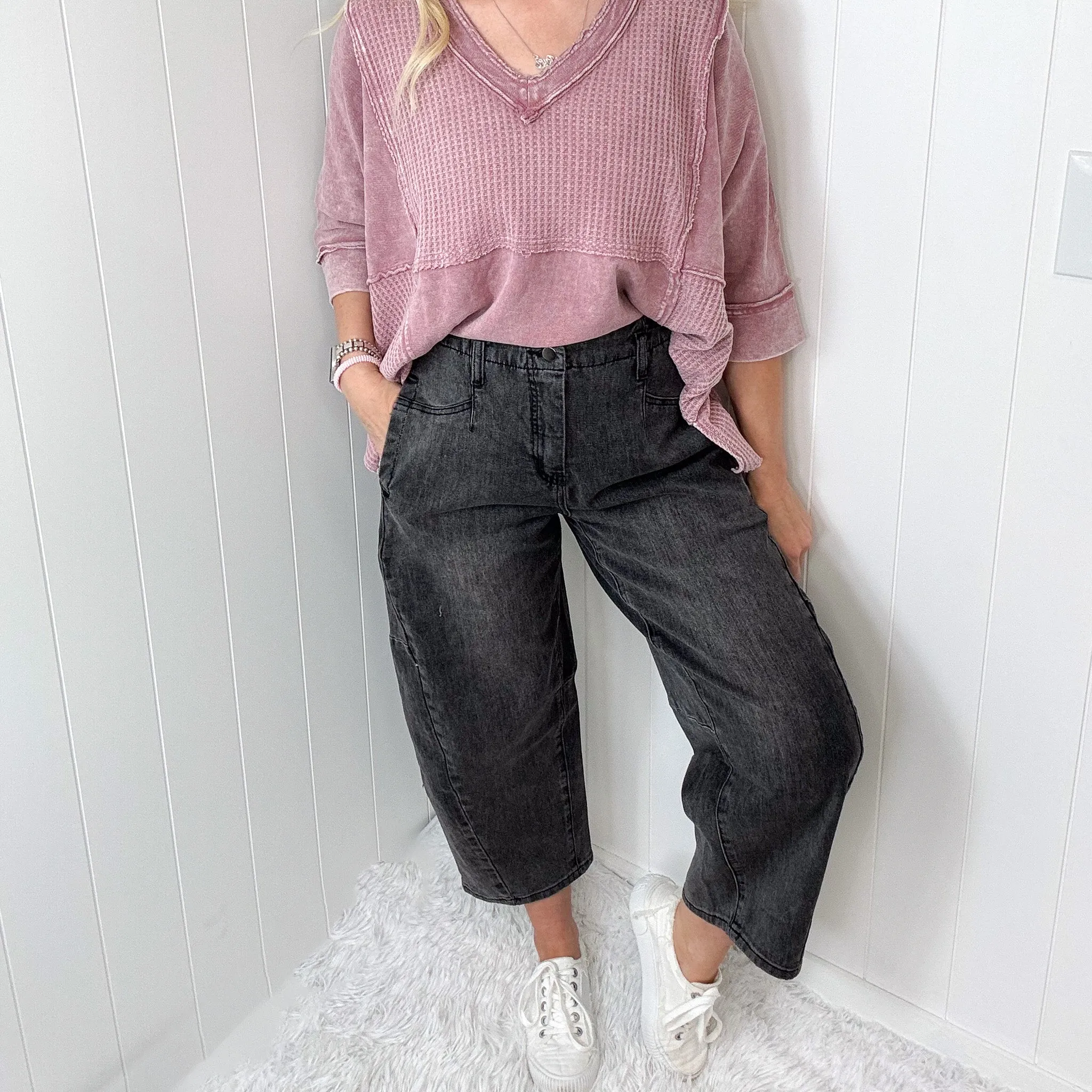 Easel Retro Muse Washed Barrel Pants In Black Denim sold by Boujee Boutique product image thumbnail 2