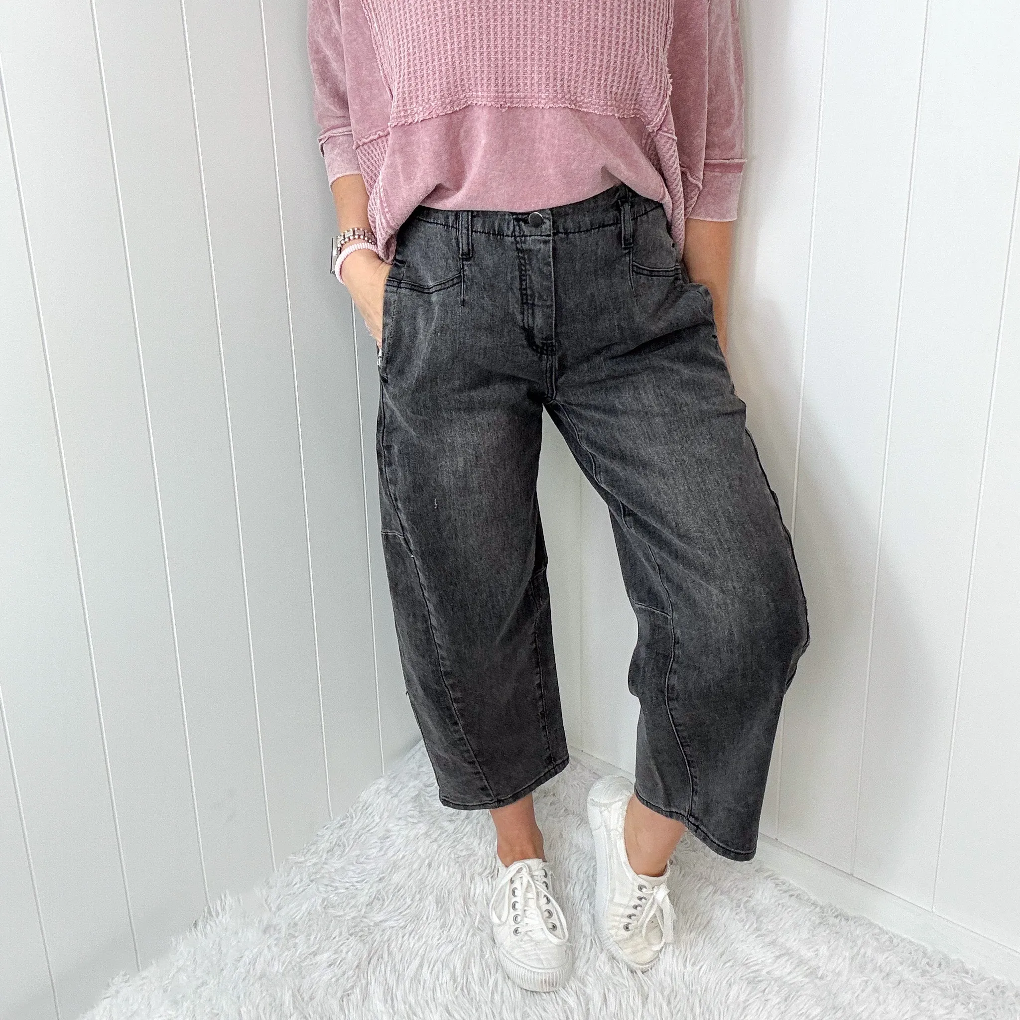 Easel Retro Muse Washed Barrel Pants In Black Denim sold by Boujee Boutique