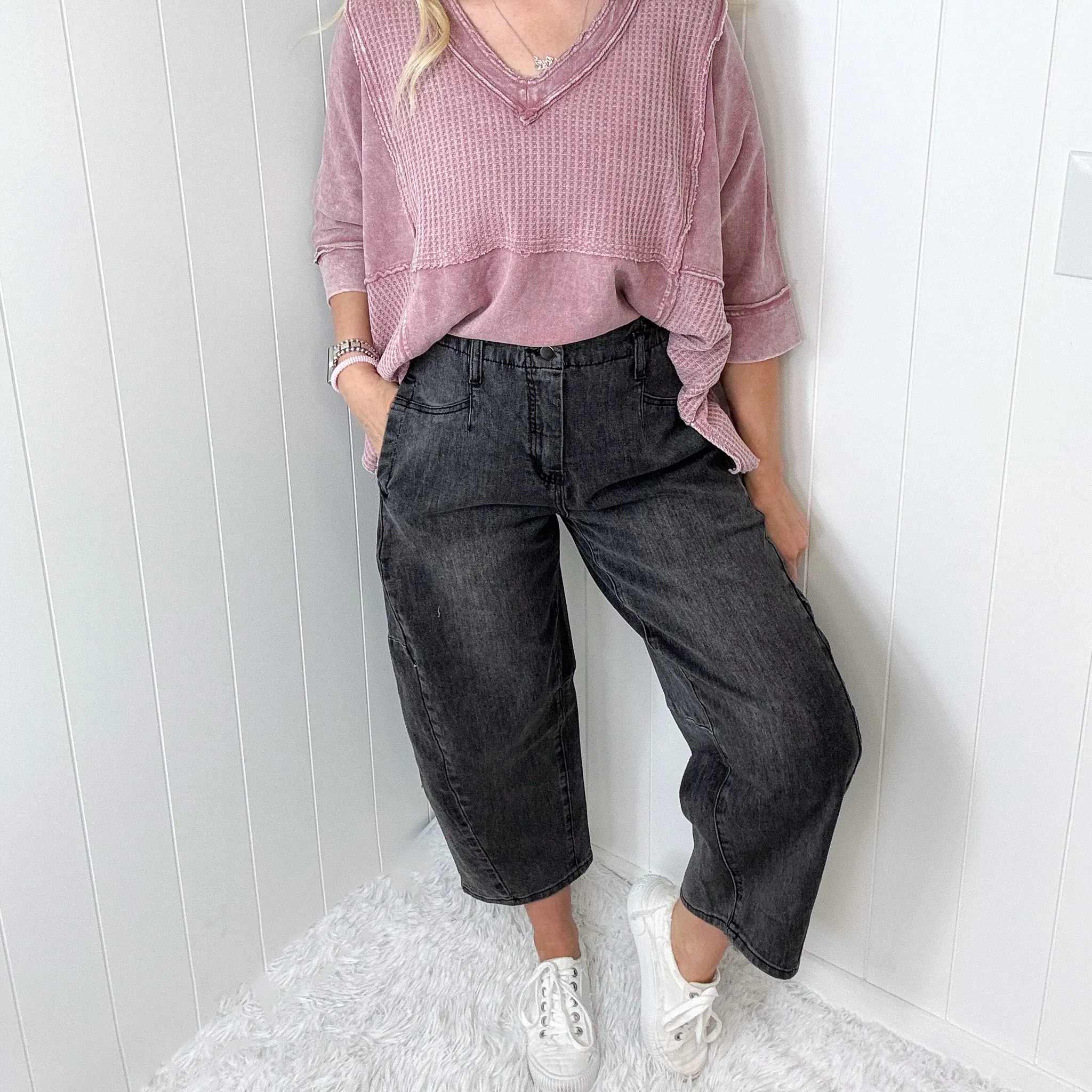 Easel Retro Muse Washed Barrel Pants In Black Denim sold by Boujee Boutique product image thumbnail 3