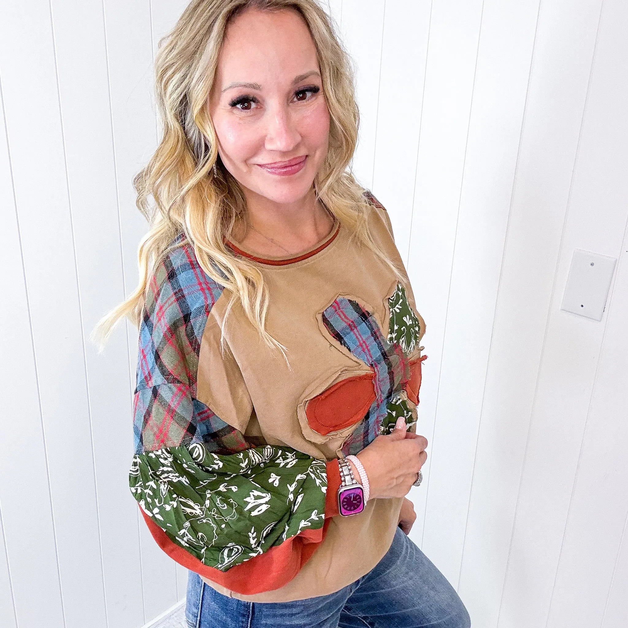 Patchwork Dreams Soft Washed Crew Neck Top In Mushroom sold by Boujee Boutique product image thumbnail 2