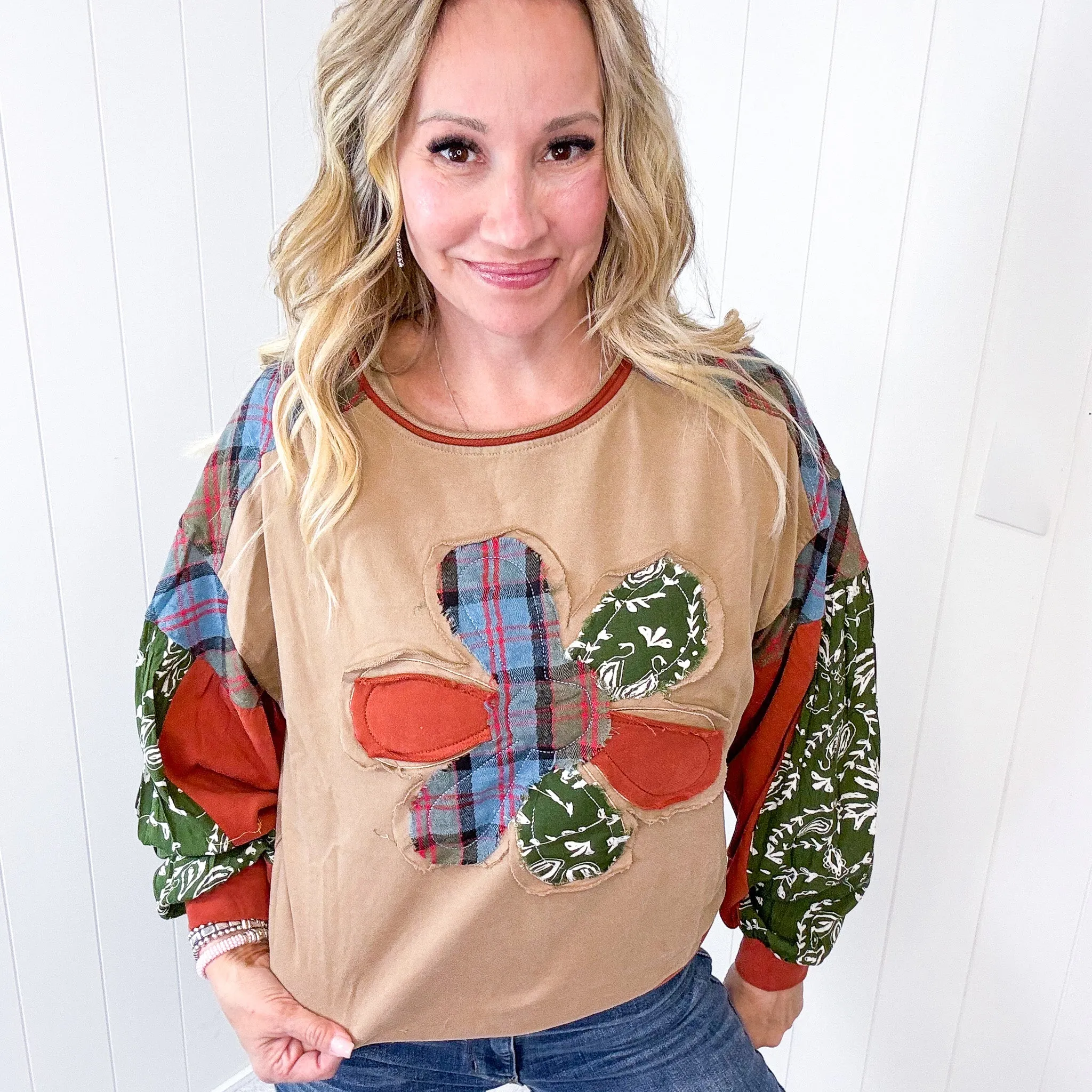 Patchwork Dreams Soft Washed Crew Neck Top In Mushroom sold by Boujee Boutique