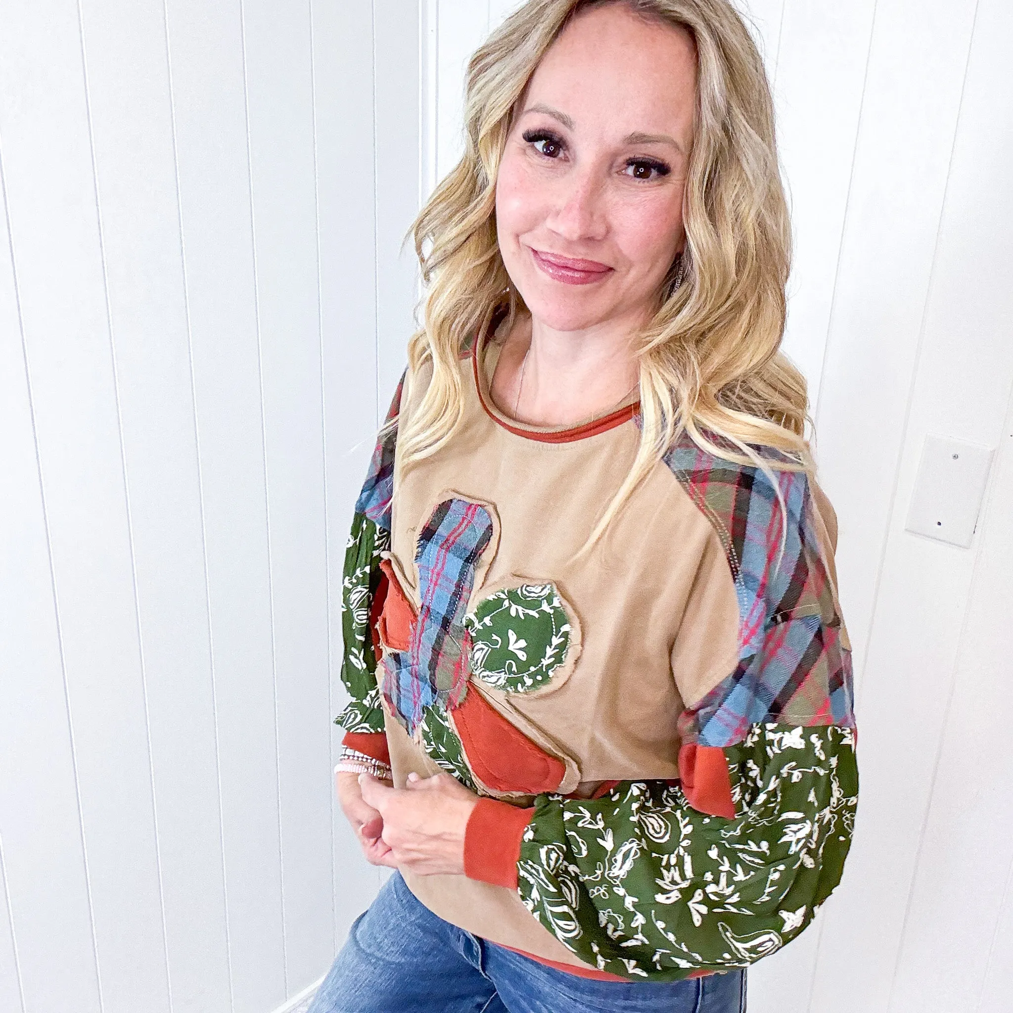 Patchwork Dreams Soft Washed Crew Neck Top In Mushroom sold by Boujee Boutique product image thumbnail 4