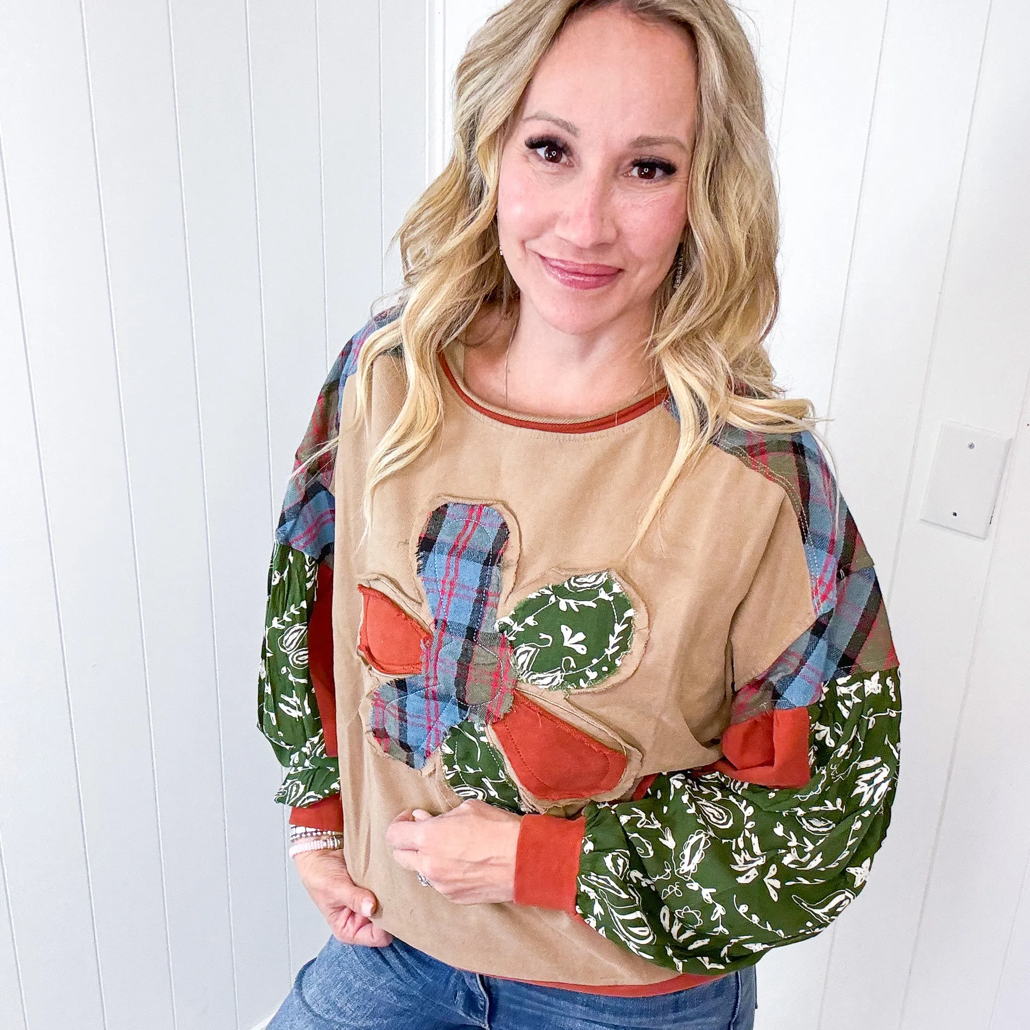 Patchwork Dreams Soft Washed Crew Neck Top In Mushroom sold by Boujee Boutique product image thumbnail 3