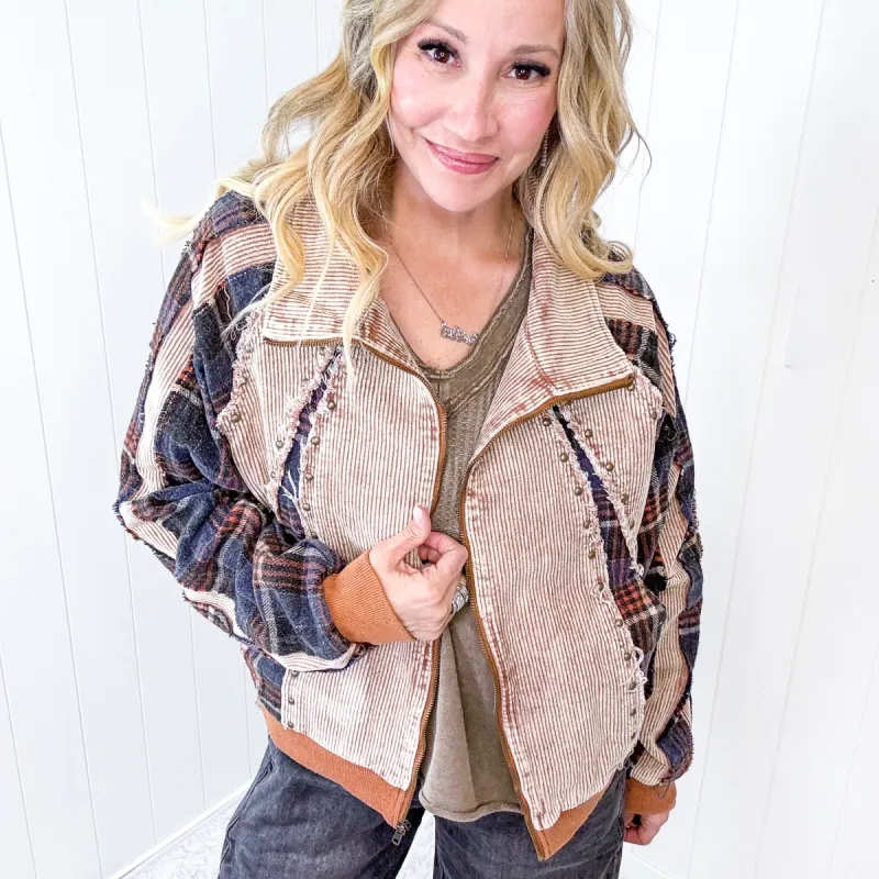 Rockstar Rebel Washed Corduroy Mixed Plaid Studded Jacket In 2 Options sold by Boujee Boutique