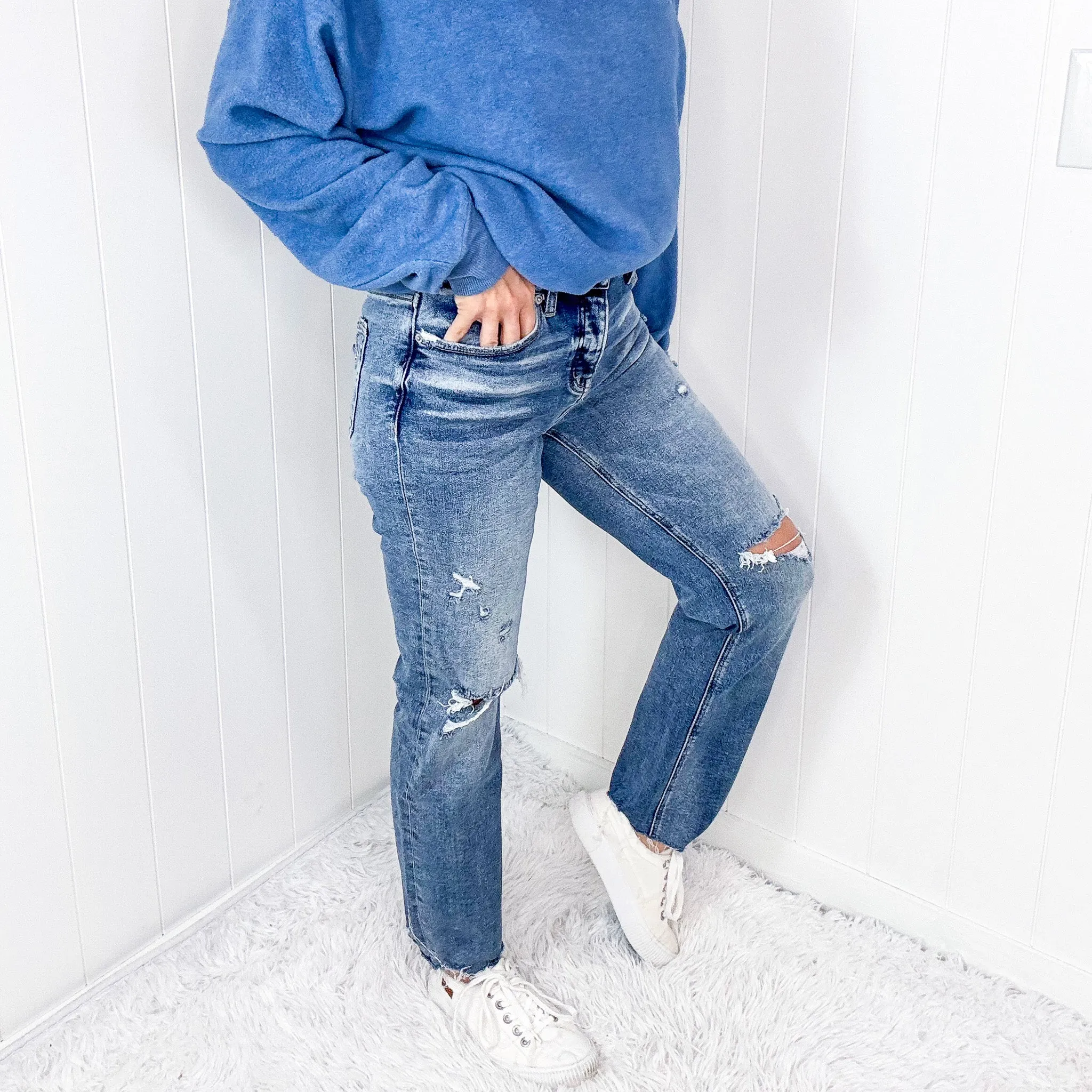 Mica Denim Button Up High Rise Straight Leg Distressed Jeans In Medium Blue sold by Boujee Boutique product image thumbnail 5