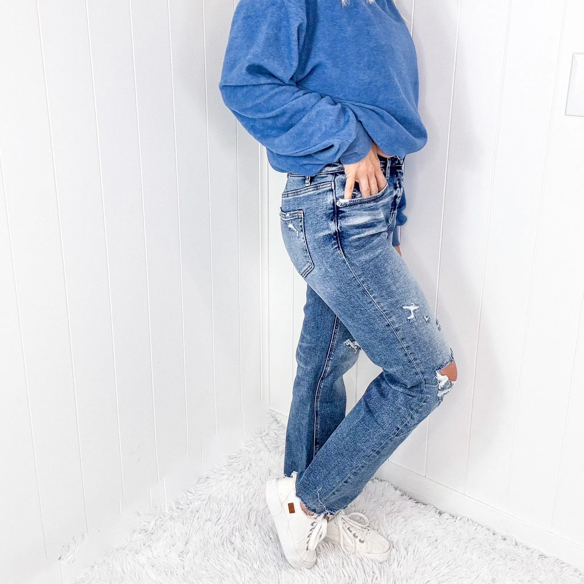 Mica Denim Button Up High Rise Straight Leg Distressed Jeans In Medium Blue sold by Boujee Boutique product image thumbnail 2