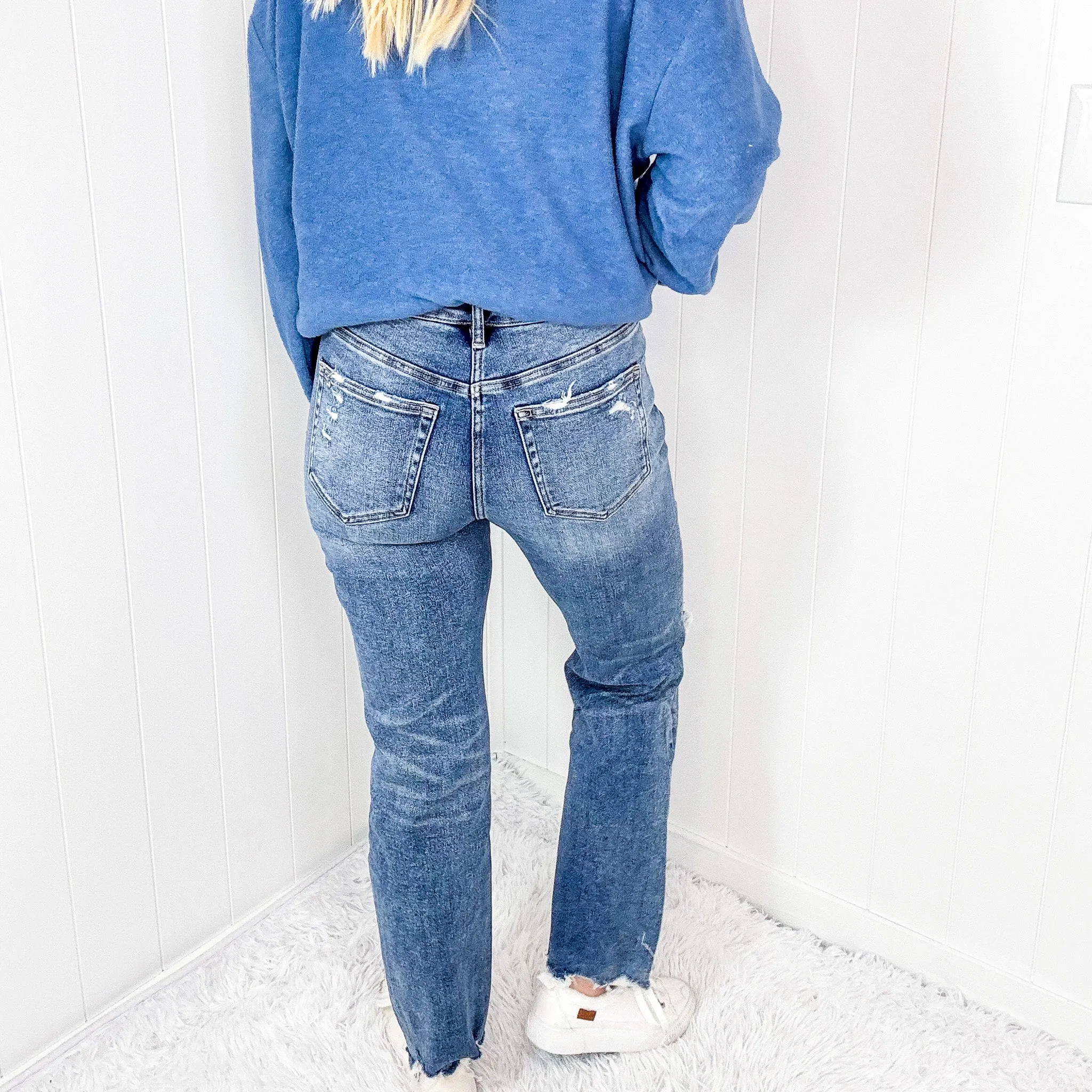 Mica Denim Button Up High Rise Straight Leg Distressed Jeans In Medium Blue sold by Boujee Boutique product image thumbnail 3