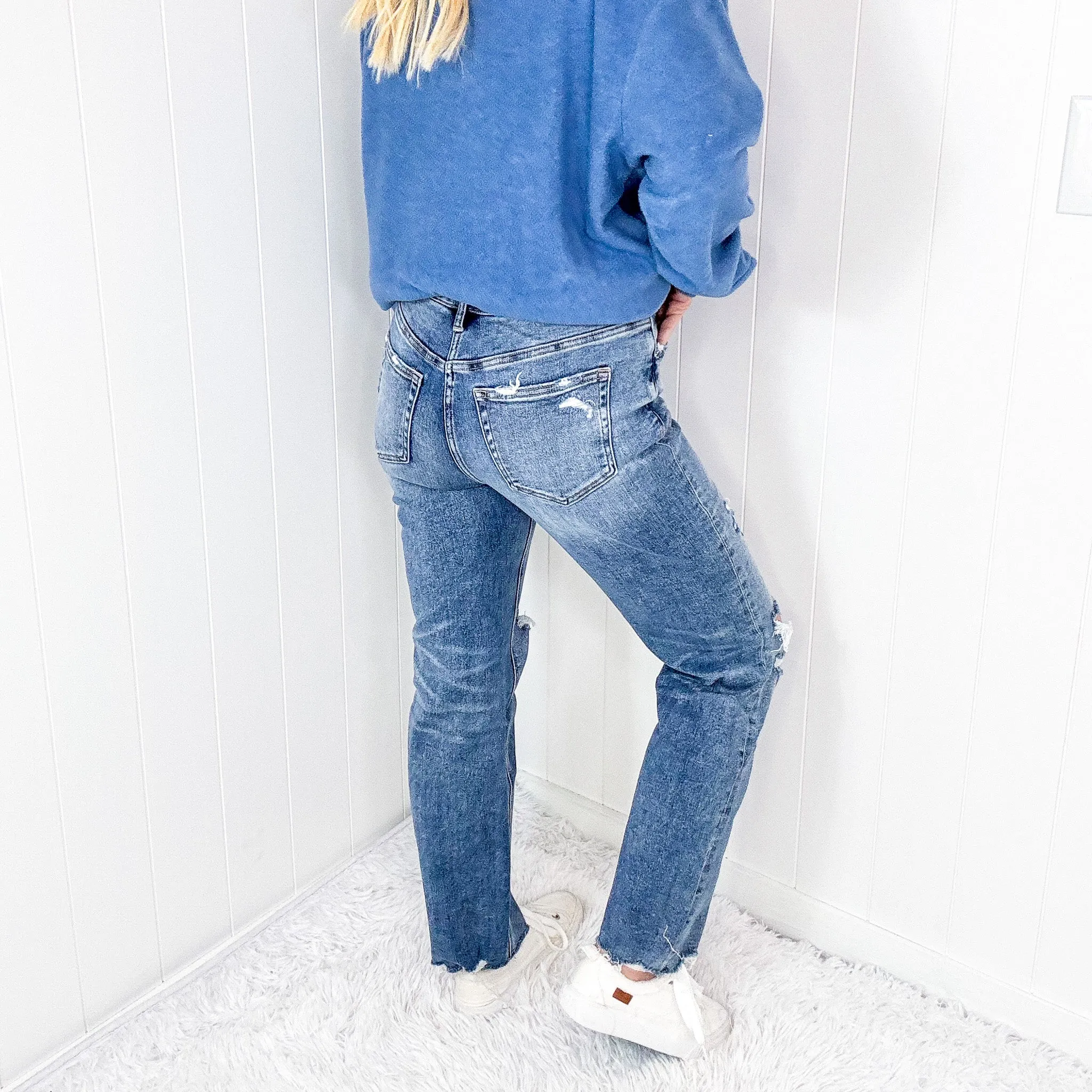 Mica Denim Button Up High Rise Straight Leg Distressed Jeans In Medium Blue sold by Boujee Boutique product image thumbnail 4
