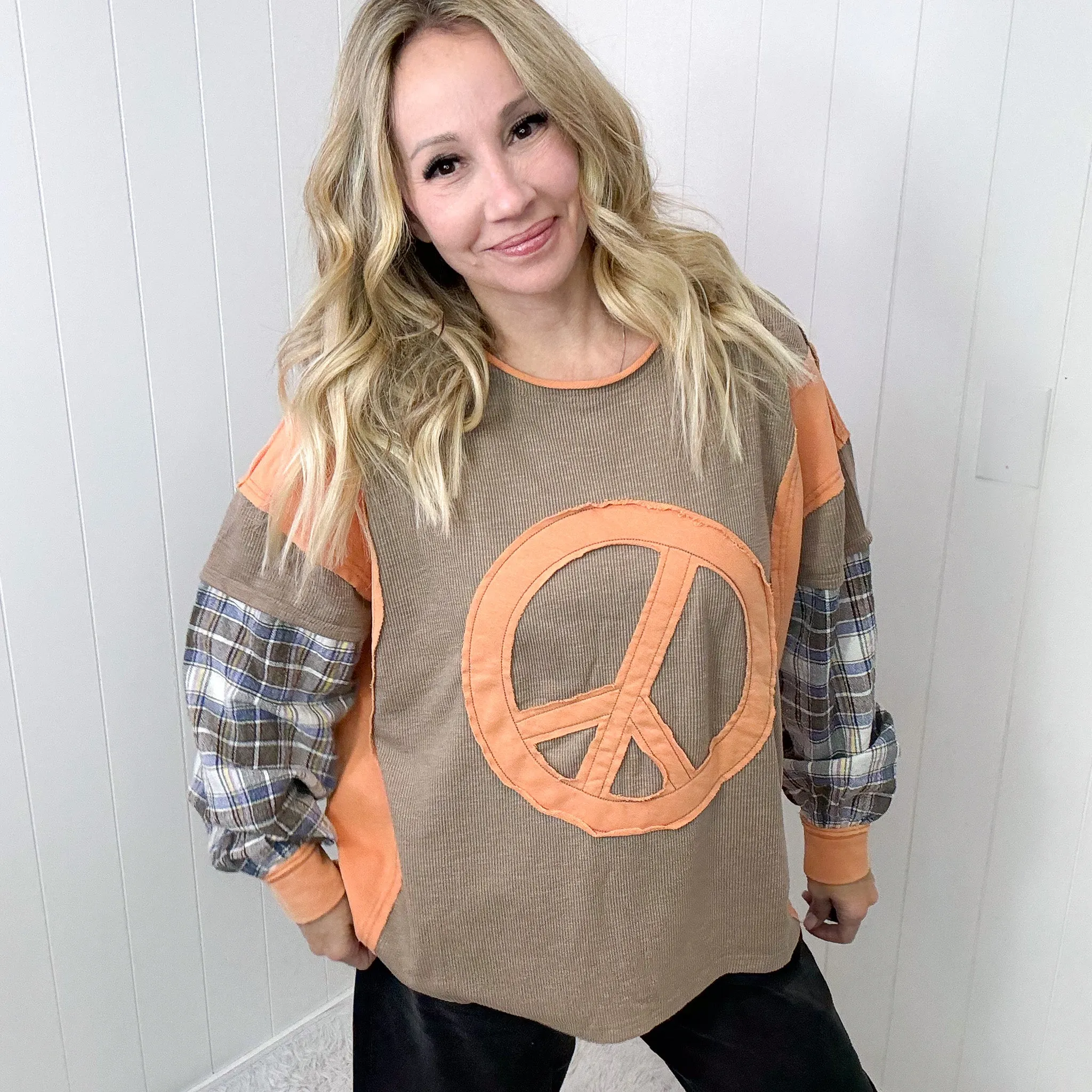 Humbling Peace Patch Mixed Mineral Wash Long Sleeve Top In Mushroom sold by Boujee Boutique product image thumbnail 2