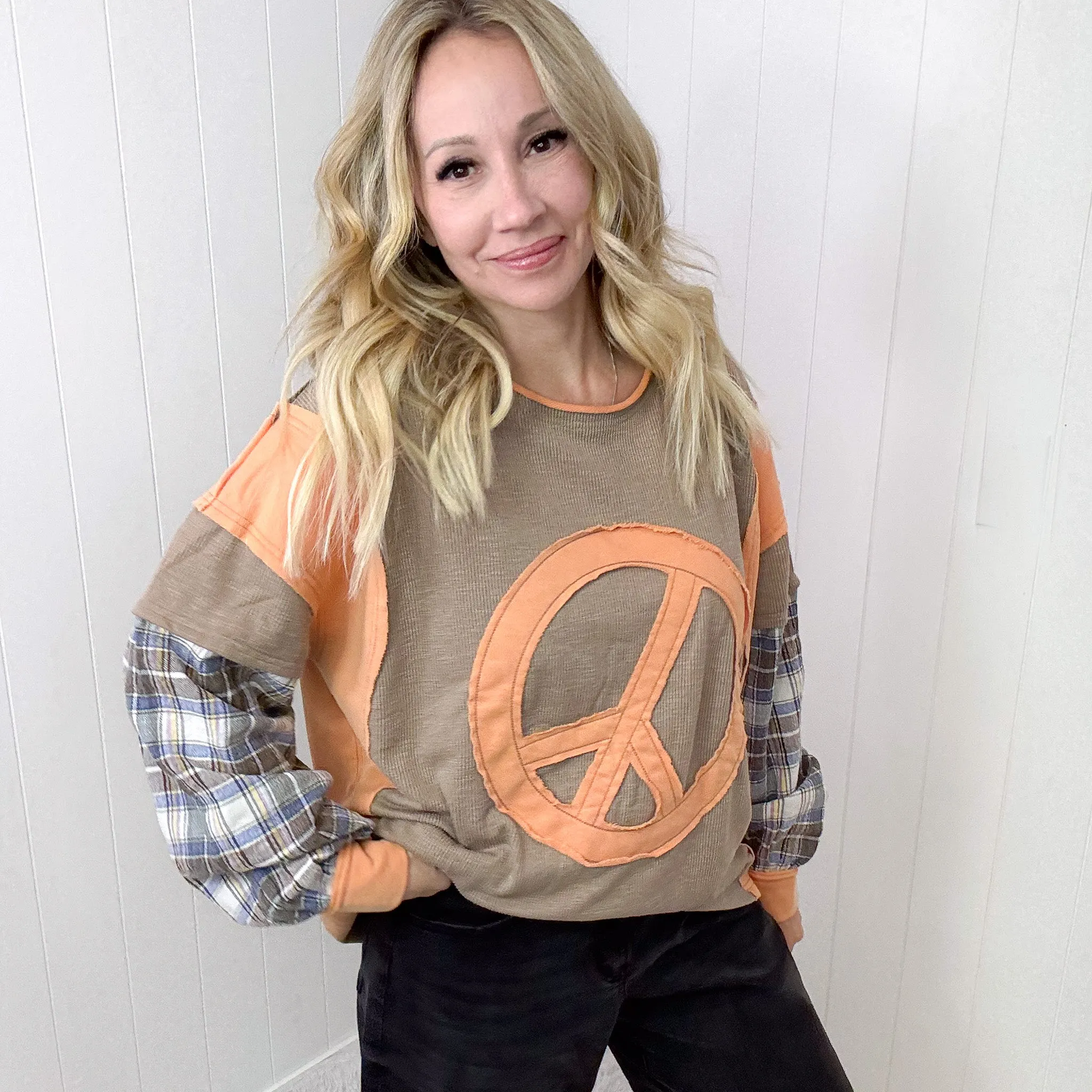 Humbling Peace Patch Mixed Mineral Wash Long Sleeve Top In Mushroom sold by Boujee Boutique product image thumbnail 4