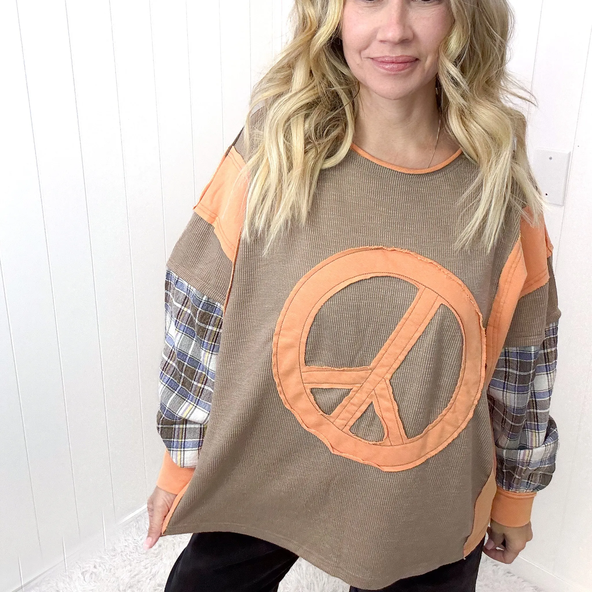 Humbling Peace Patch Mixed Mineral Wash Long Sleeve Top In Mushroom sold by Boujee Boutique product image thumbnail 3
