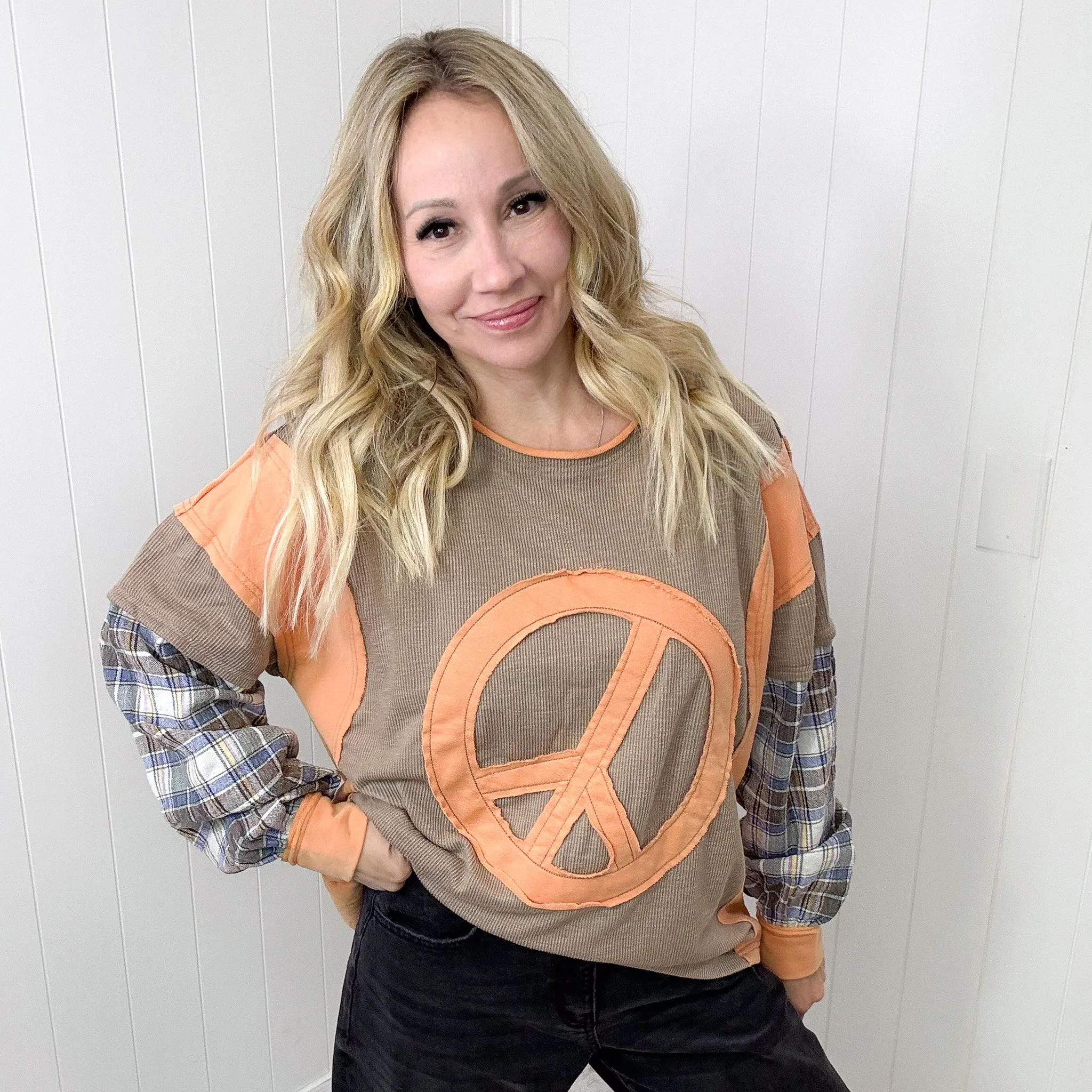 Humbling Peace Patch Mixed Mineral Wash Long Sleeve Top In Mushroom sold by Boujee Boutique