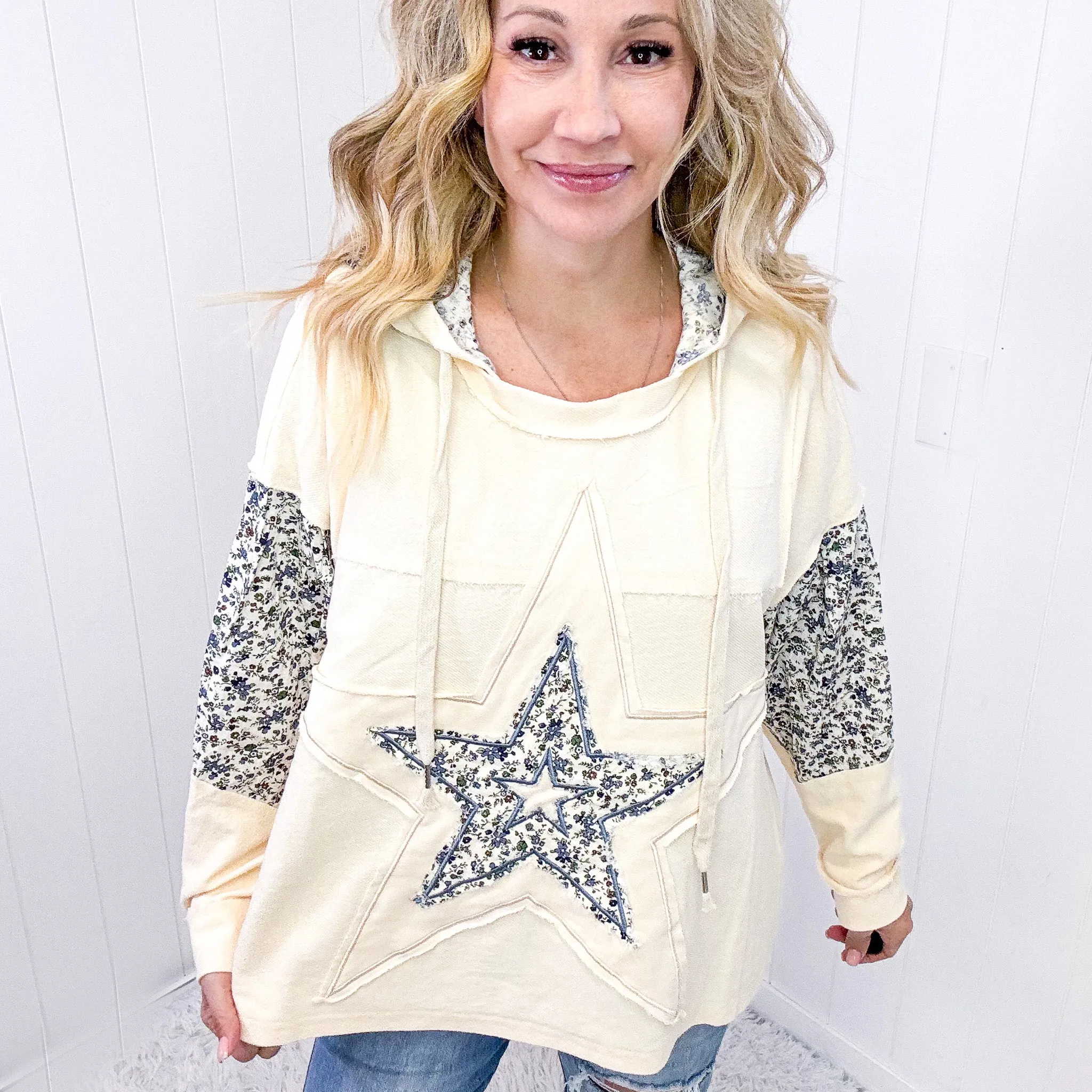 POL Stars Above Patchwork Frayed Edge French Terry Hoodie In Cream sold by Boujee Boutique product image thumbnail 2