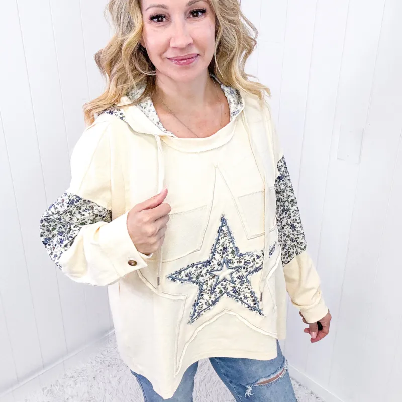 POL Stars Above Patchwork Frayed Edge French Terry Hoodie In Cream sold by Boujee Boutique