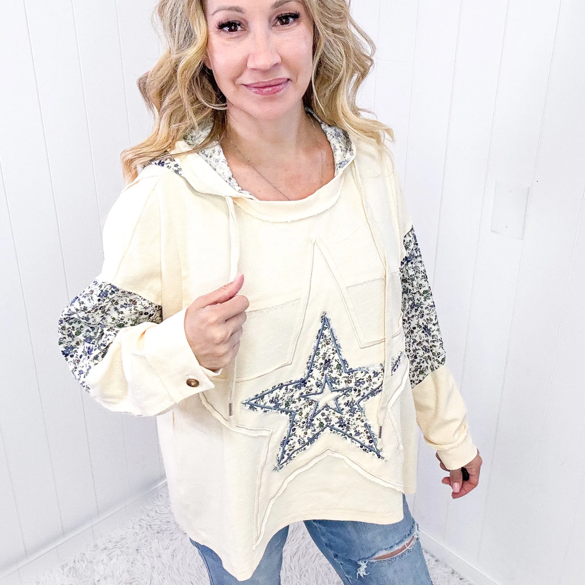 POL Stars Above Patchwork Frayed Edge French Terry Hoodie In Cream sold by Boujee Boutique