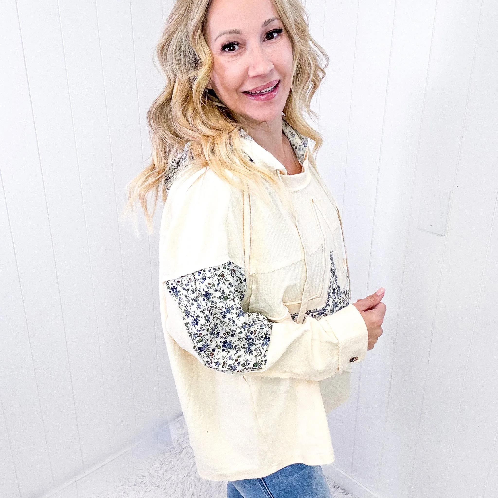 POL Stars Above Patchwork Frayed Edge French Terry Hoodie In Cream sold by Boujee Boutique product image thumbnail 4