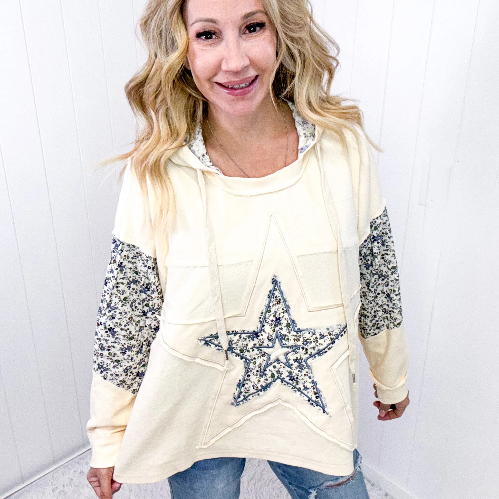 POL Stars Above Patchwork Frayed Edge French Terry Hoodie In Cream sold by Boujee Boutique product image thumbnail 3