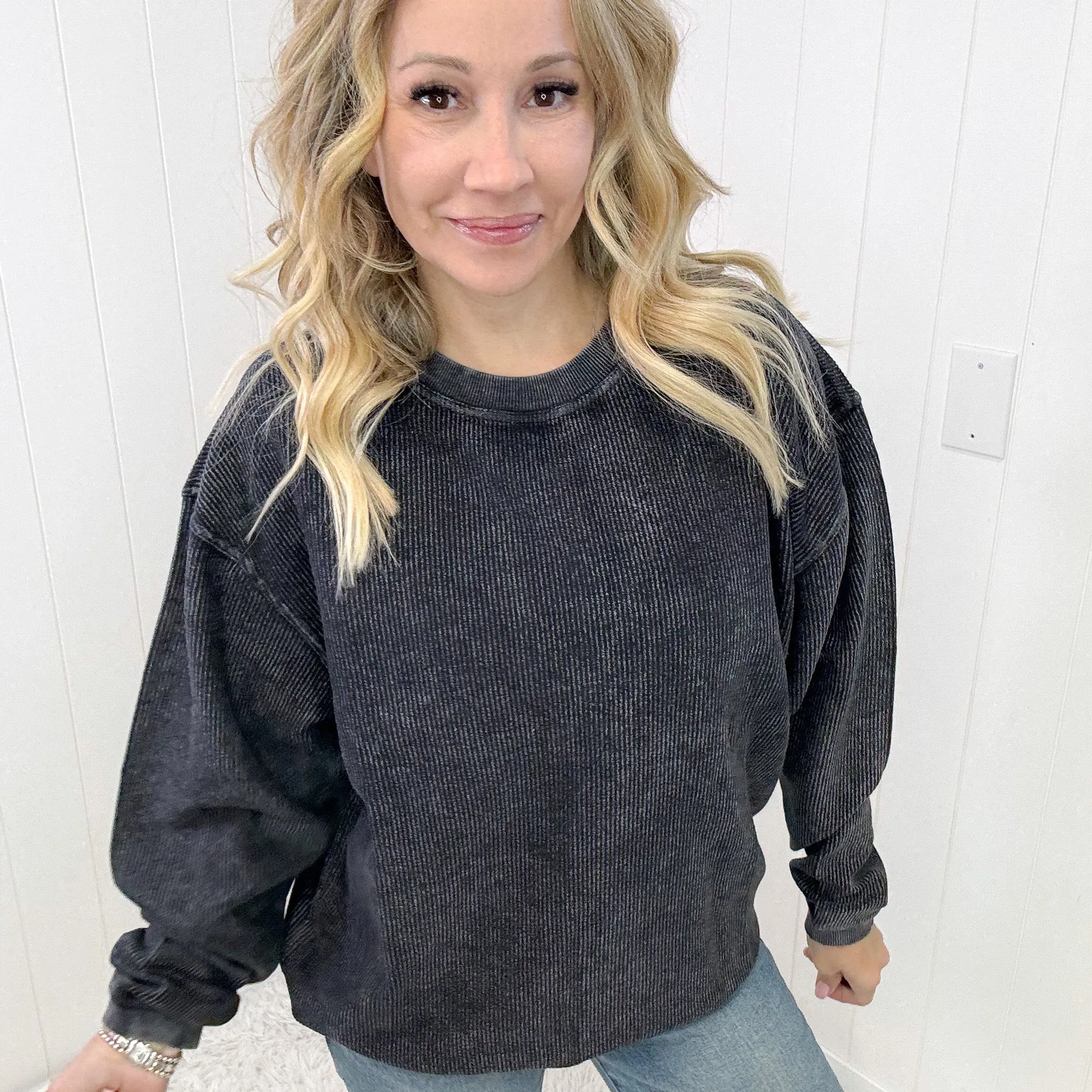Luxe Corded Crewneck Pullover Sweater in Black sold by Boujee Boutique product image thumbnail 2