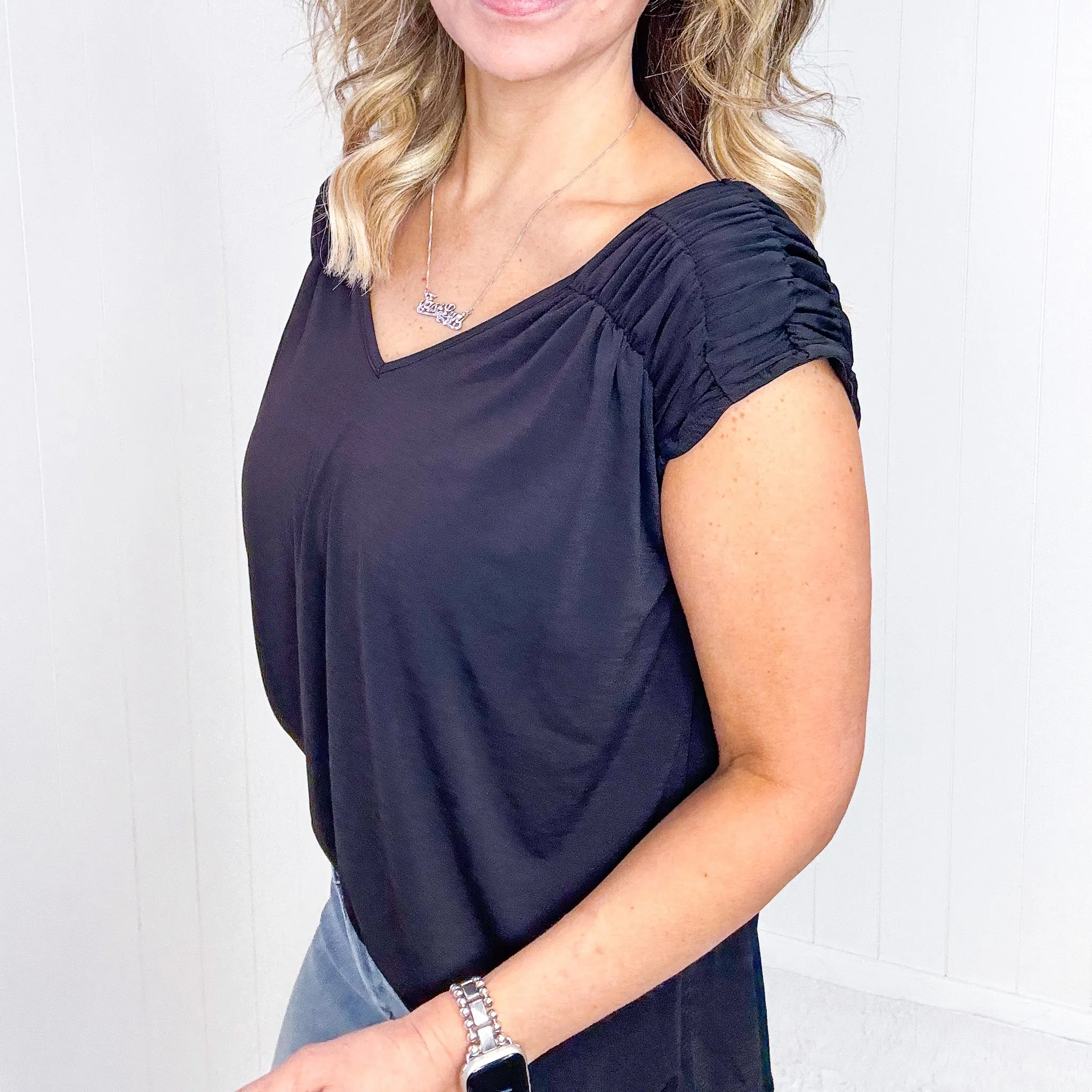 Dear Scarlett Ruched Cap Sleeve Top in Black sold by Boujee Boutique product image thumbnail 3