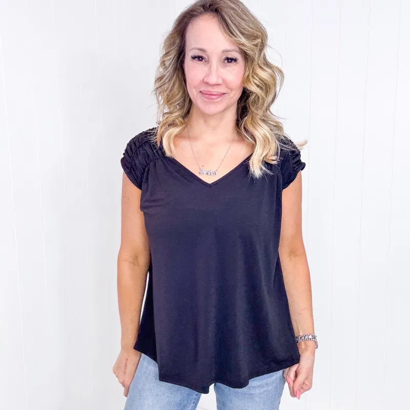 Dear Scarlett Ruched Cap Sleeve Top in Black sold by Boujee Boutique