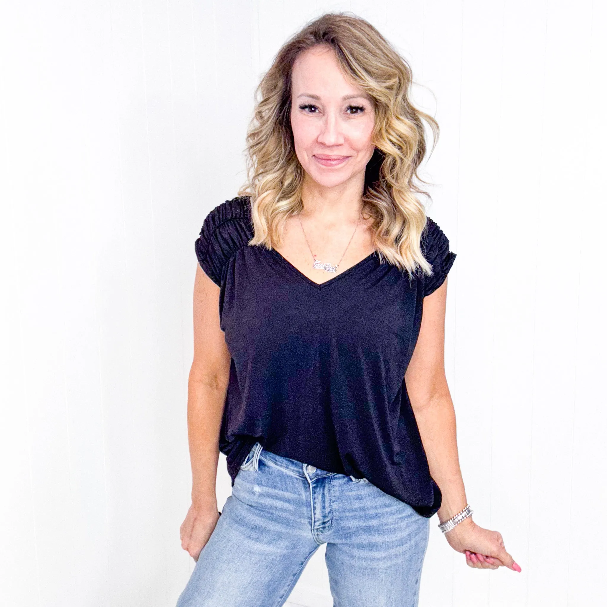 Dear Scarlett Ruched Cap Sleeve Top in Black sold by Boujee Boutique product image thumbnail 2