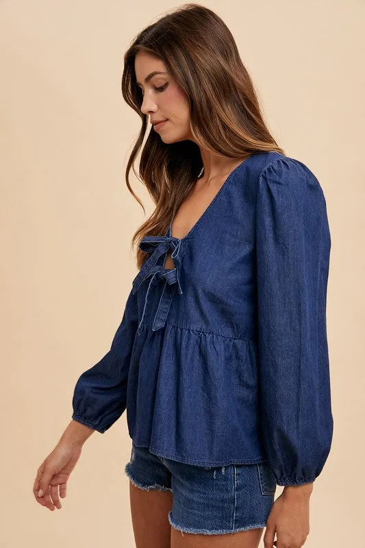 Annie Wear Tie Front Peplum Long Sleeve Denim Top sold by Boujee Boutique product image thumbnail 2