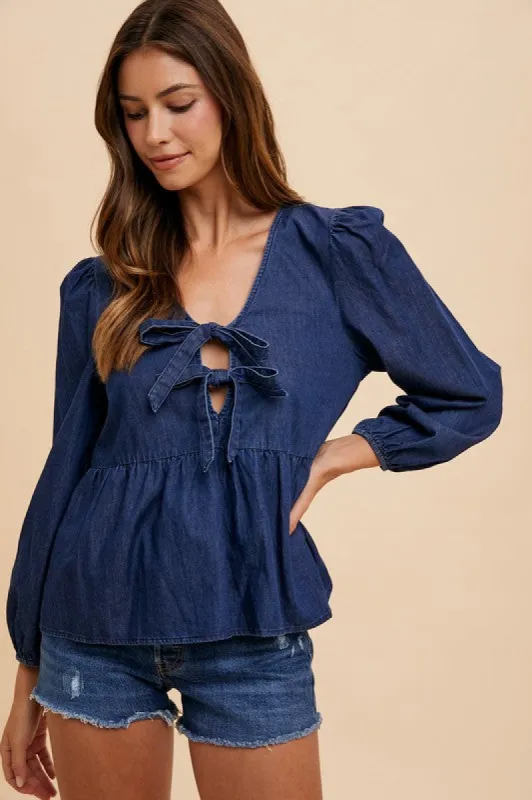 Annie Wear Tie Front Peplum Long Sleeve Denim Top sold by Boujee Boutique