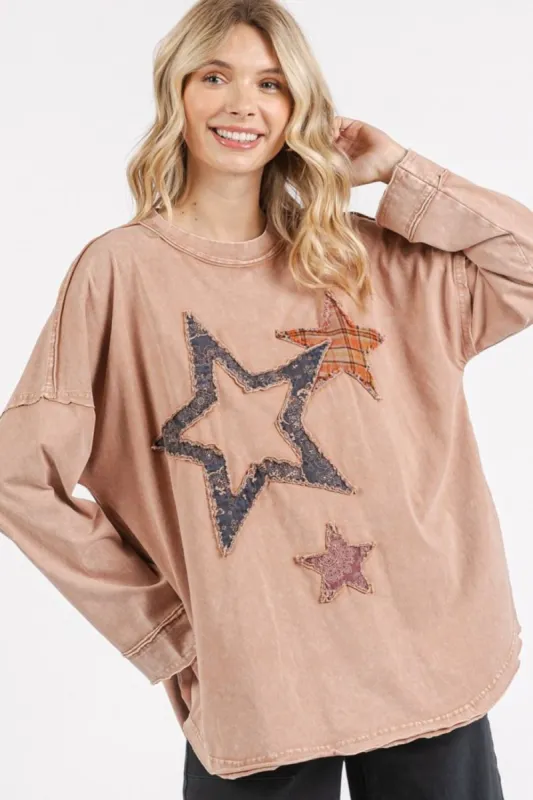 Mineral Wash Star Patch Long Sleeve T-Shirt sold by Boujee Boutique