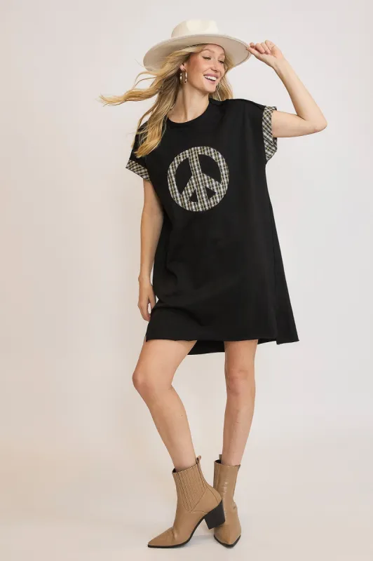 Peace Plaid Applique Short Sleeve Mini Dress sold by Boujee Boutique