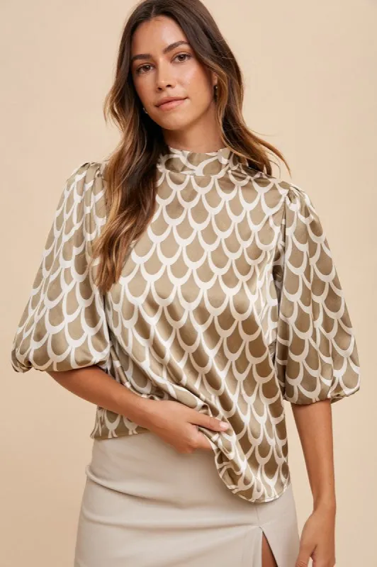 Tie Back Abstract Print Mock Neck Half Sleeve Blouse sold by Boujee Boutique