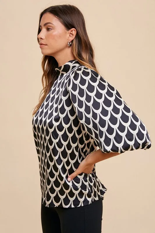 Tie Back Abstract Print Mock Neck Half Sleeve Blouse sold by Boujee Boutique product image thumbnail 2