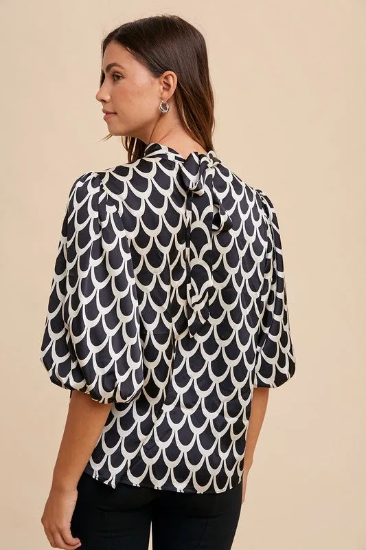 Tie Back Abstract Print Mock Neck Half Sleeve Blouse sold by Boujee Boutique product image thumbnail 3