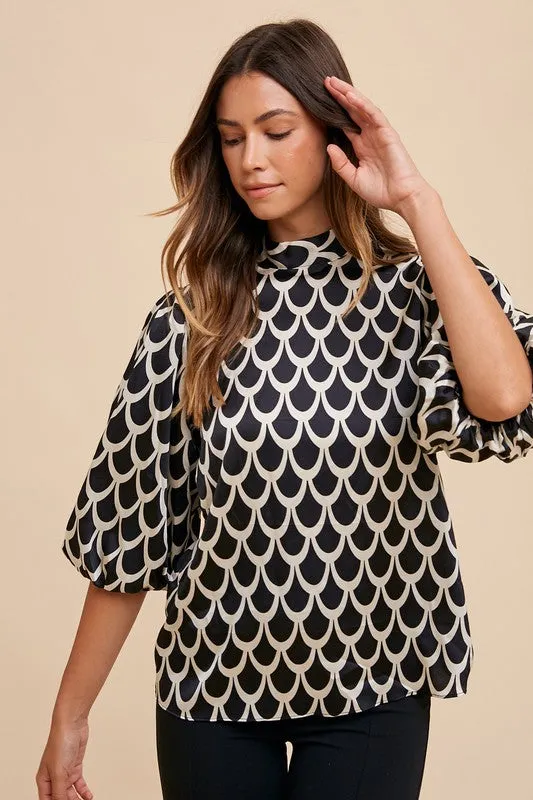 Tie Back Abstract Print Mock Neck Half Sleeve Blouse sold by Boujee Boutique product image thumbnail 4