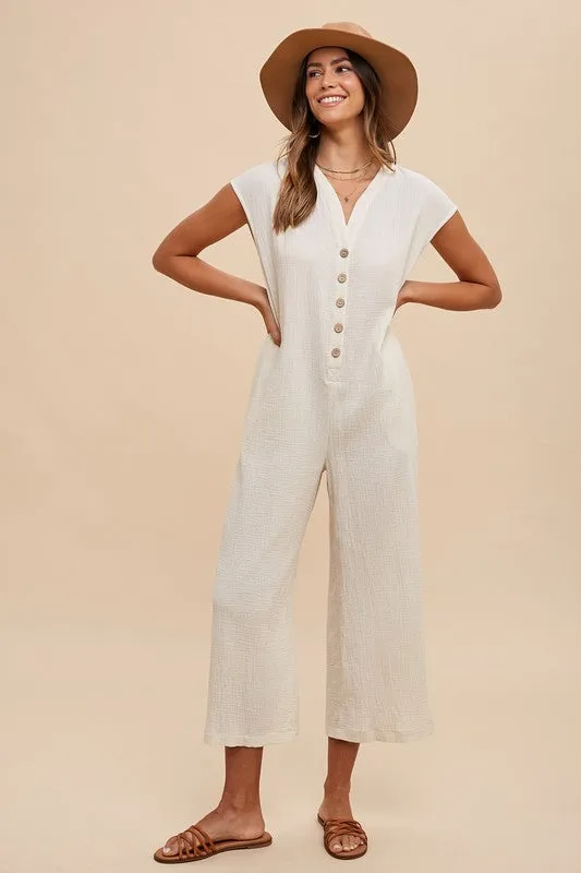 Annie Wear Button Detail Wide Leg Jumpsuit with Pockets sold by Boujee Boutique