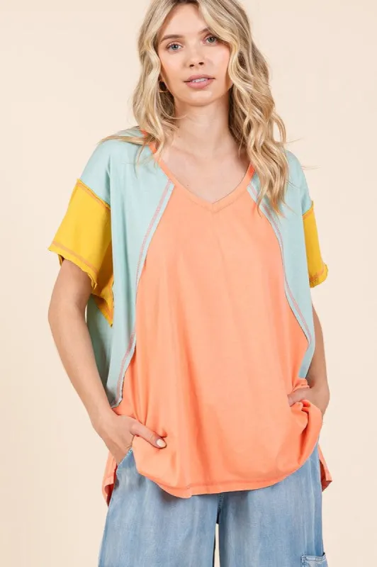 Mittoshop Color Block V-Neck Short Sleeve T-Shirt sold by Boujee Boutique