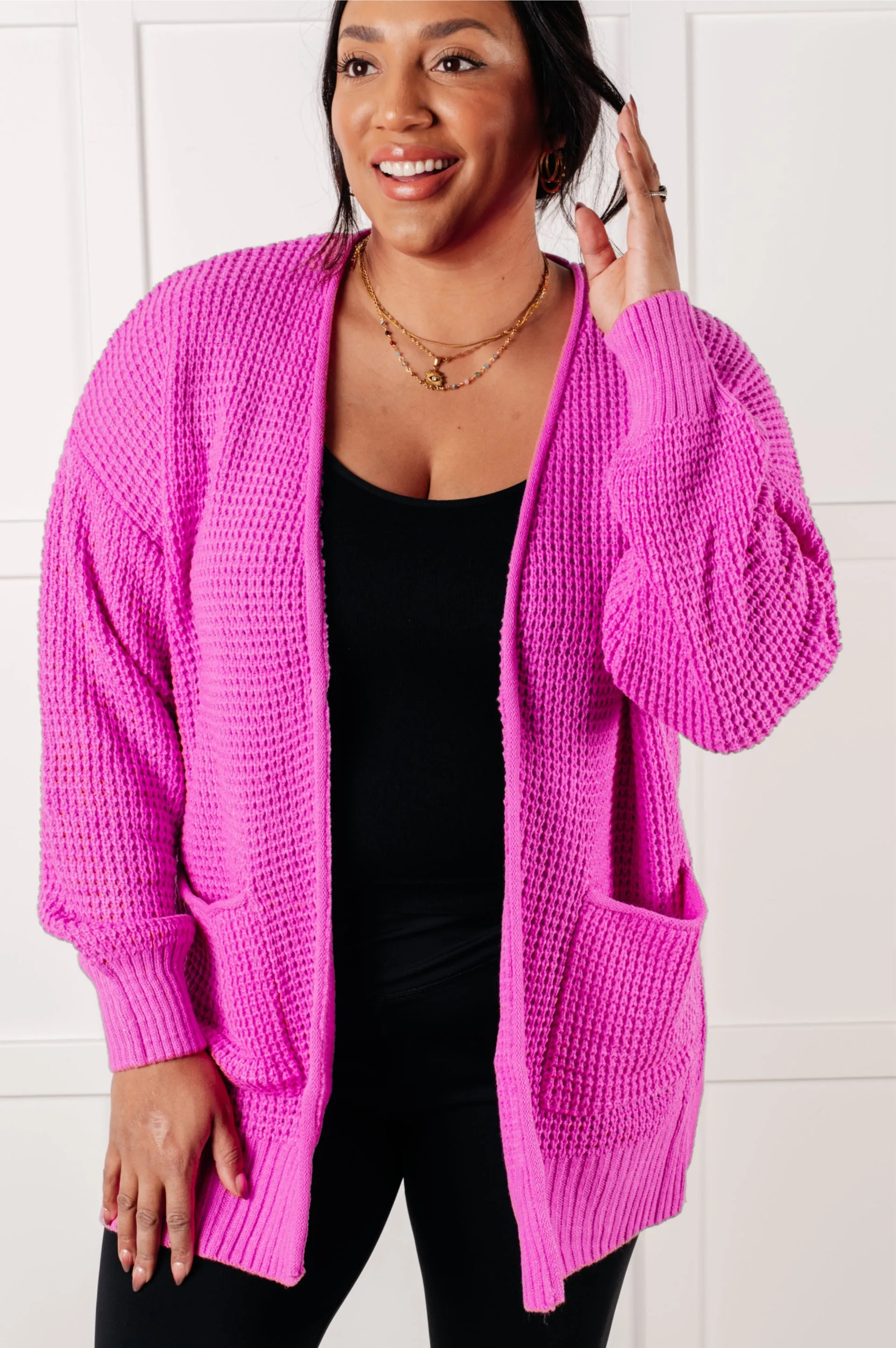 Everything Layer Waffle Knit Open Front Cardigan in Bright Mauve sold by Boujee Boutique product image thumbnail 2