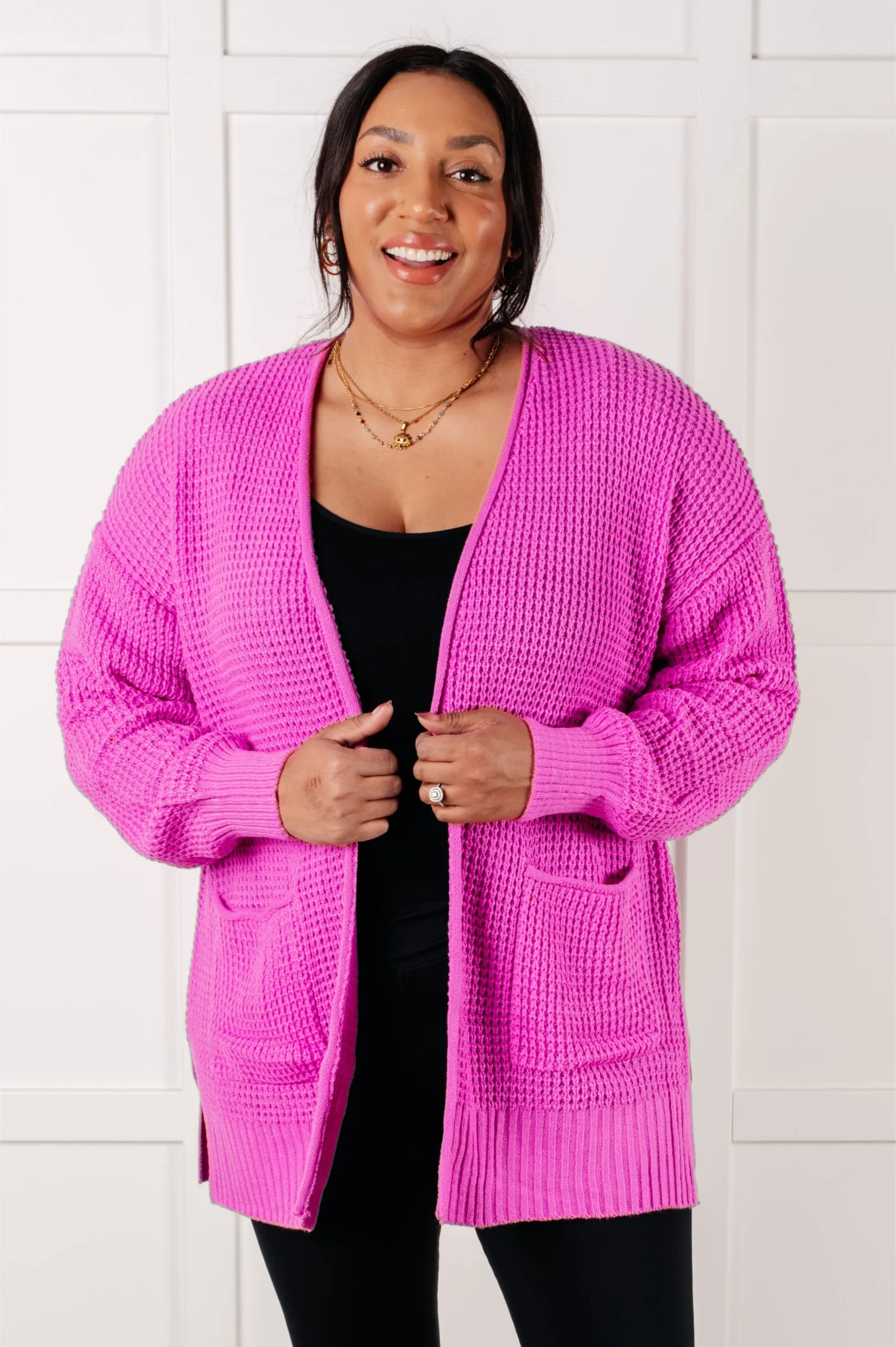 Everything Layer Waffle Knit Open Front Cardigan in Bright Mauve sold by Boujee Boutique product image thumbnail 4
