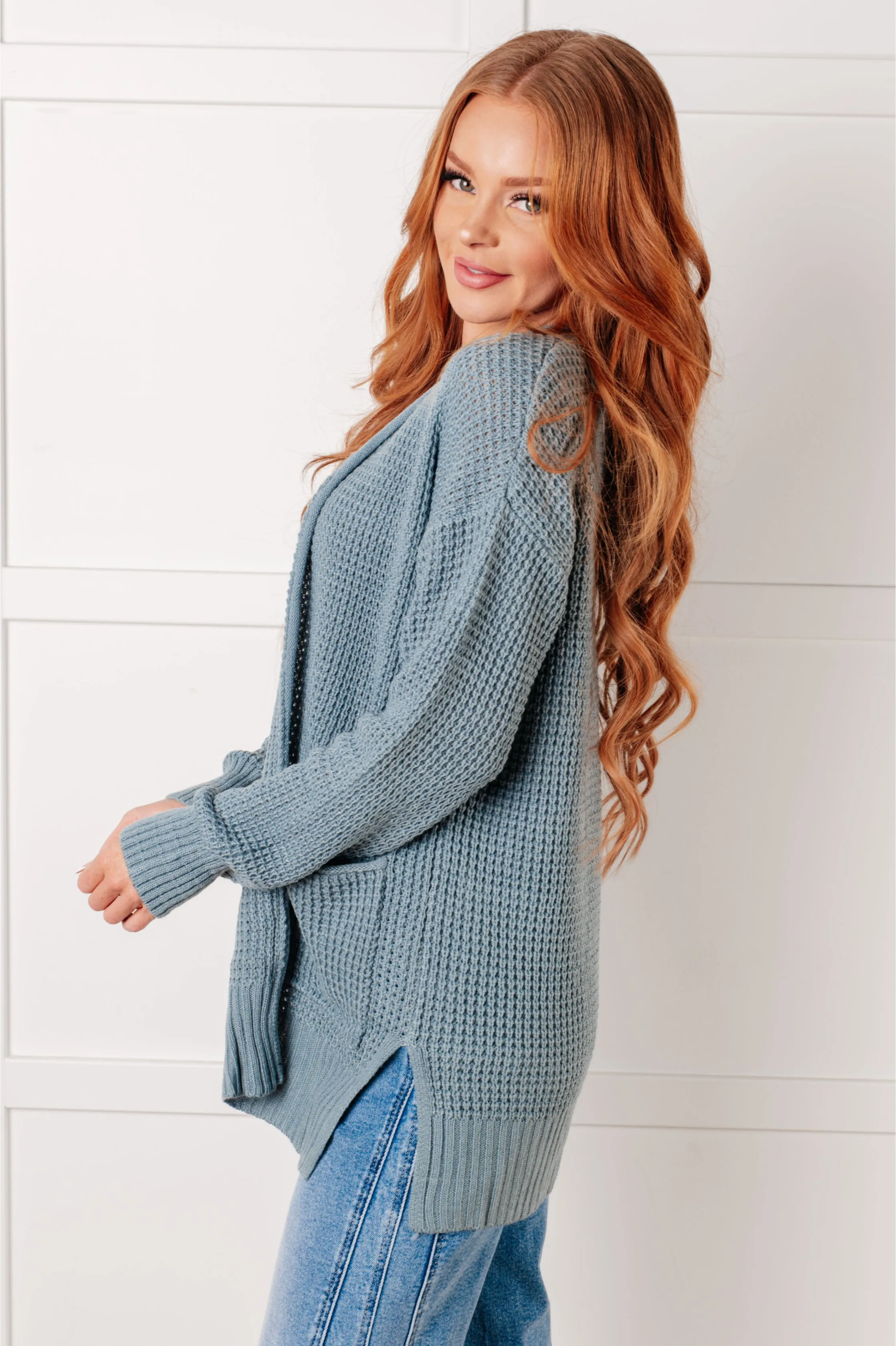 Everything Layer Waffle Knit Open Front Cardigan in Blue Grey sold by Boujee Boutique product image thumbnail 5