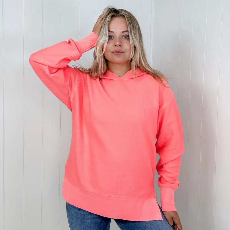 Snow Washed Luxe Soft Corded Hoodie Pullover in Neon Coral sold by Boujee Boutique