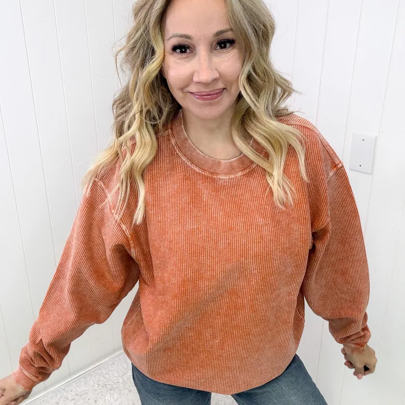 Luxe Corded Crewneck Pullover Sweater in Burnt Orange sold by Boujee Boutique