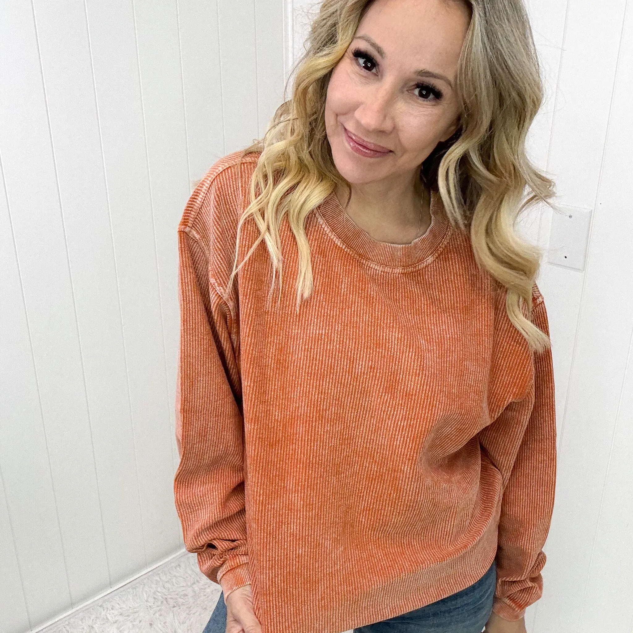 Luxe Corded Crewneck Pullover Sweater in Burnt Orange sold by Boujee Boutique product image thumbnail 4