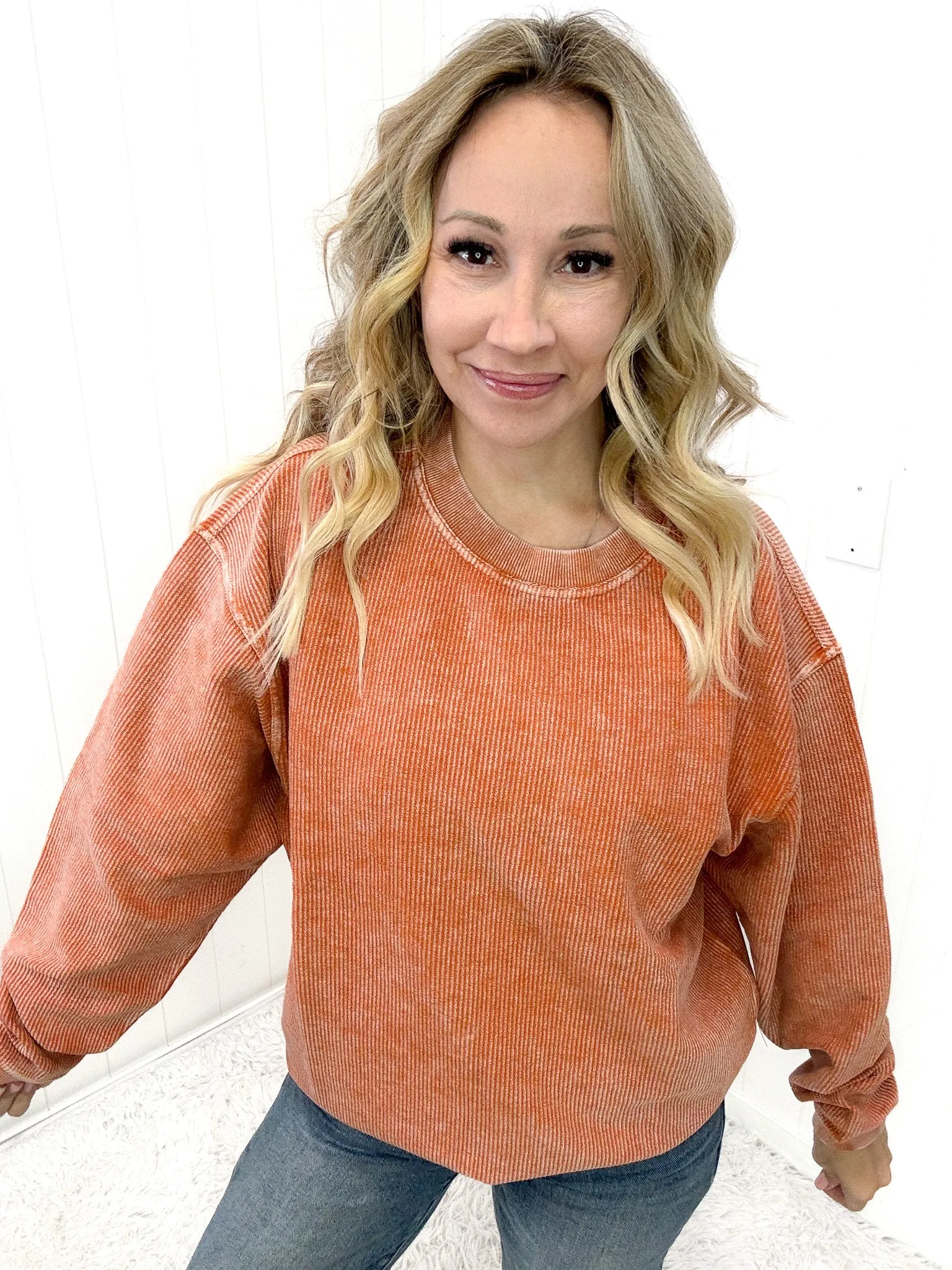 Luxe Corded Crewneck Pullover Sweater in Burnt Orange sold by Boujee Boutique product image thumbnail 2
