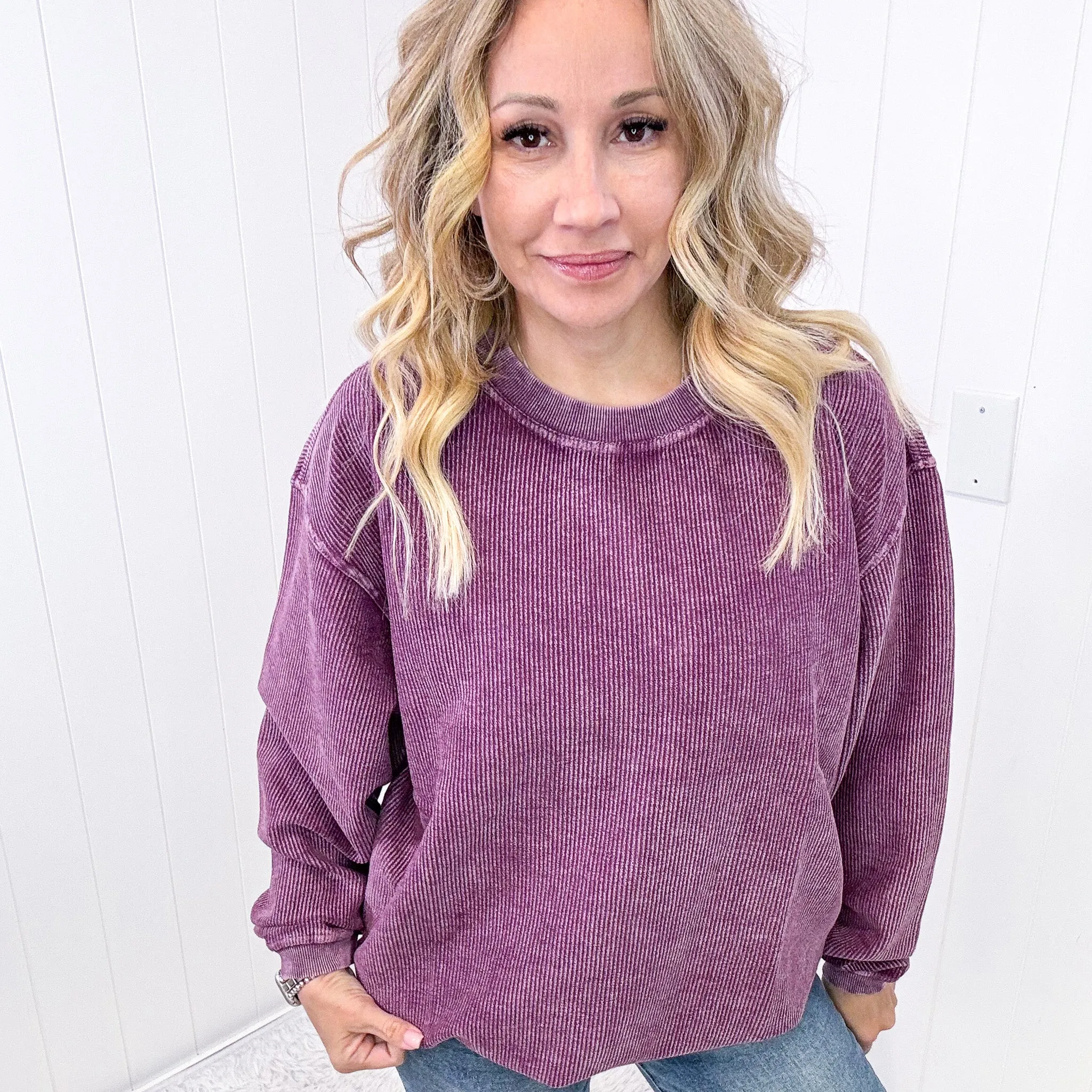 Luxe Corded Crewneck Pullover Sweater in Plum sold by Boujee Boutique